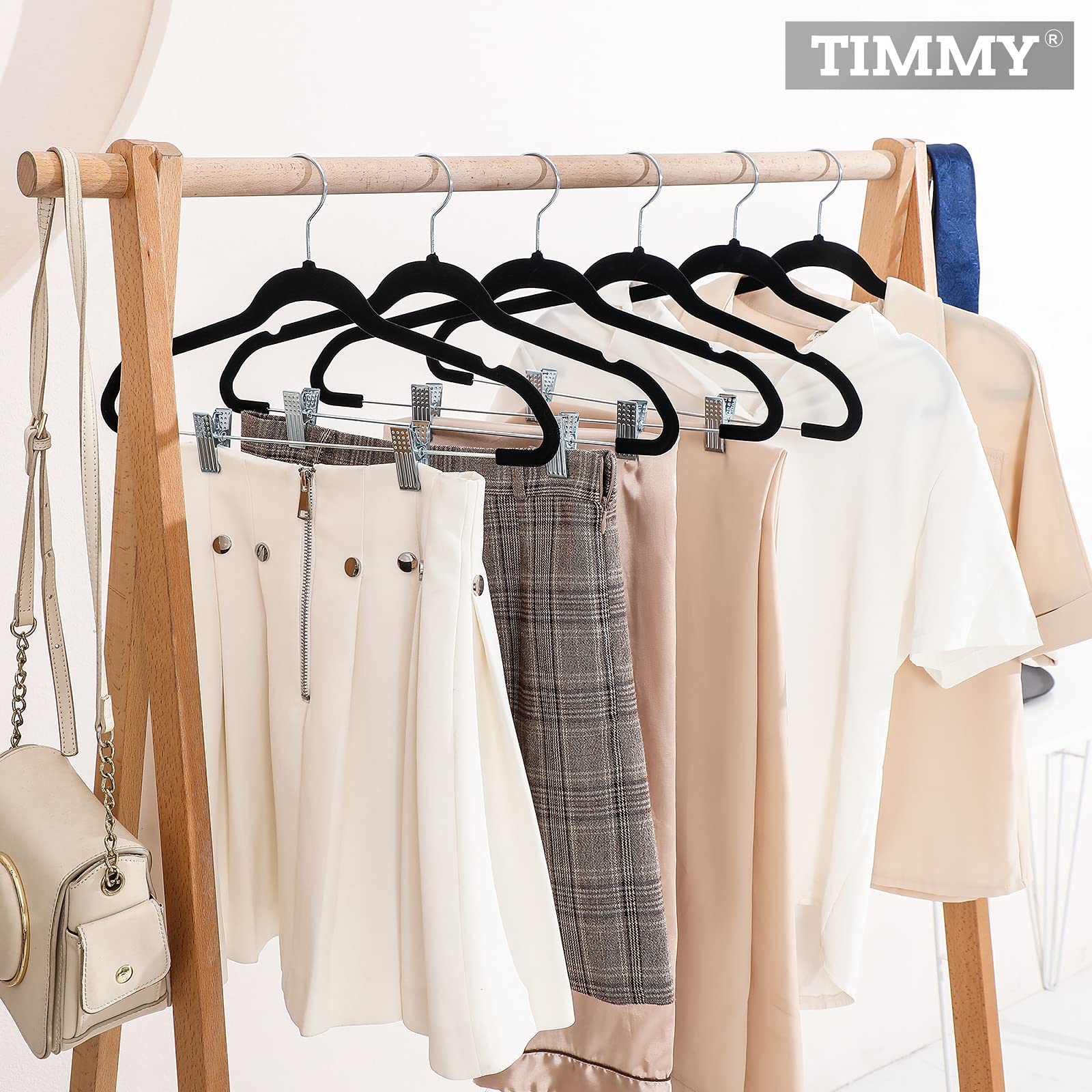 TIMMY Paquete de 30 Perchas para Pantalones, Perchas de Terciopelo de 16.7 Pulgadas de Largo con Clips Ajustables, Resistentes, Antideslizantes, ahorran Espacio, Ganchos giratorios de 360°, Colgador