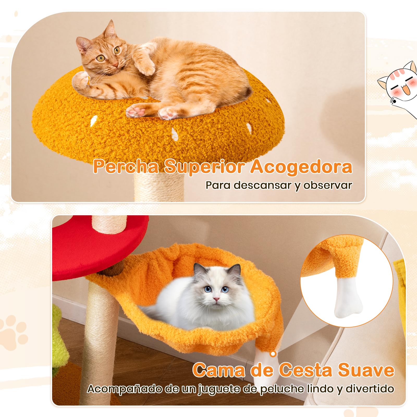 GYMAX Árbol para Gatos con Tema Hamburguesa 117 cm, Árbol de Varios Niveles con Cama Cesta, Posadero Acolchado, Condo, Rascadores de Sisal, Plataformas, Juguete Colgante