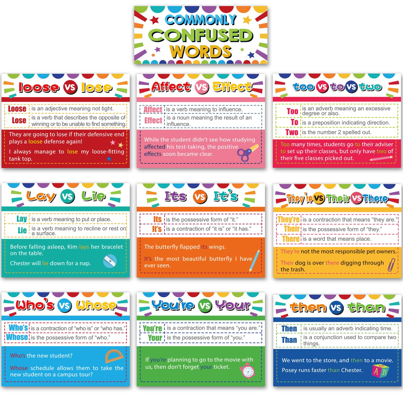 11 Pieces Commonly Confused Words Posters Educational Posters for Classroom Laminated Homophones Chart English Teacher Language Arts Grammar Posters for Elementary Middle School Classroom Supplies