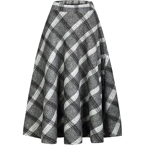 IDEALSANXUN Womens High Elastic Waist Maxi Skirt A-line Plaid Winter Warm Flare Long Skirts