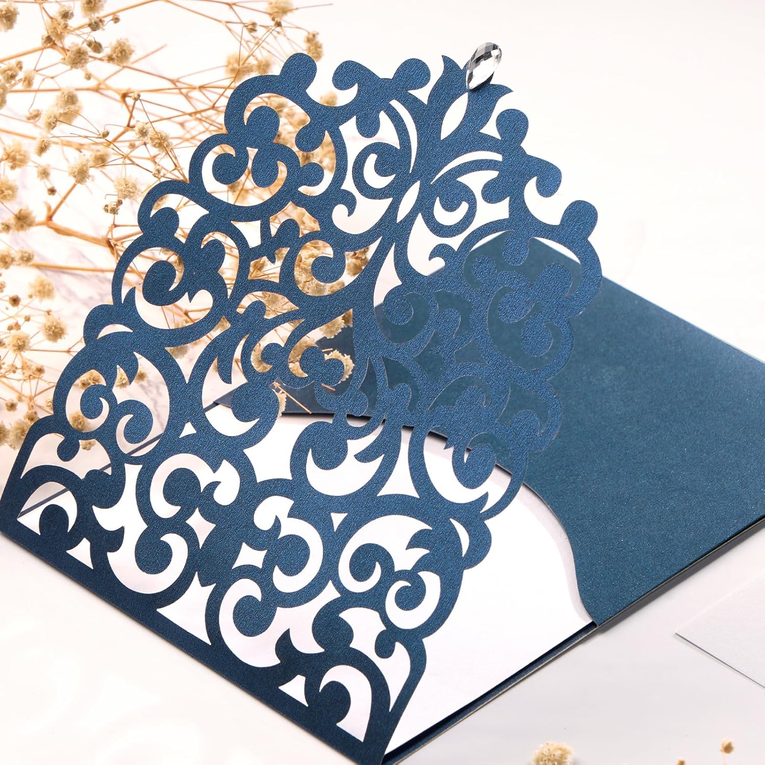 50pcs Wedding Invitation Kit, Navy Blue Laser Cut Invitations with Envelopes and Rsvp Cards Ribbons for Wedding Baby Bridal Shower Anniversary Birthday Invites