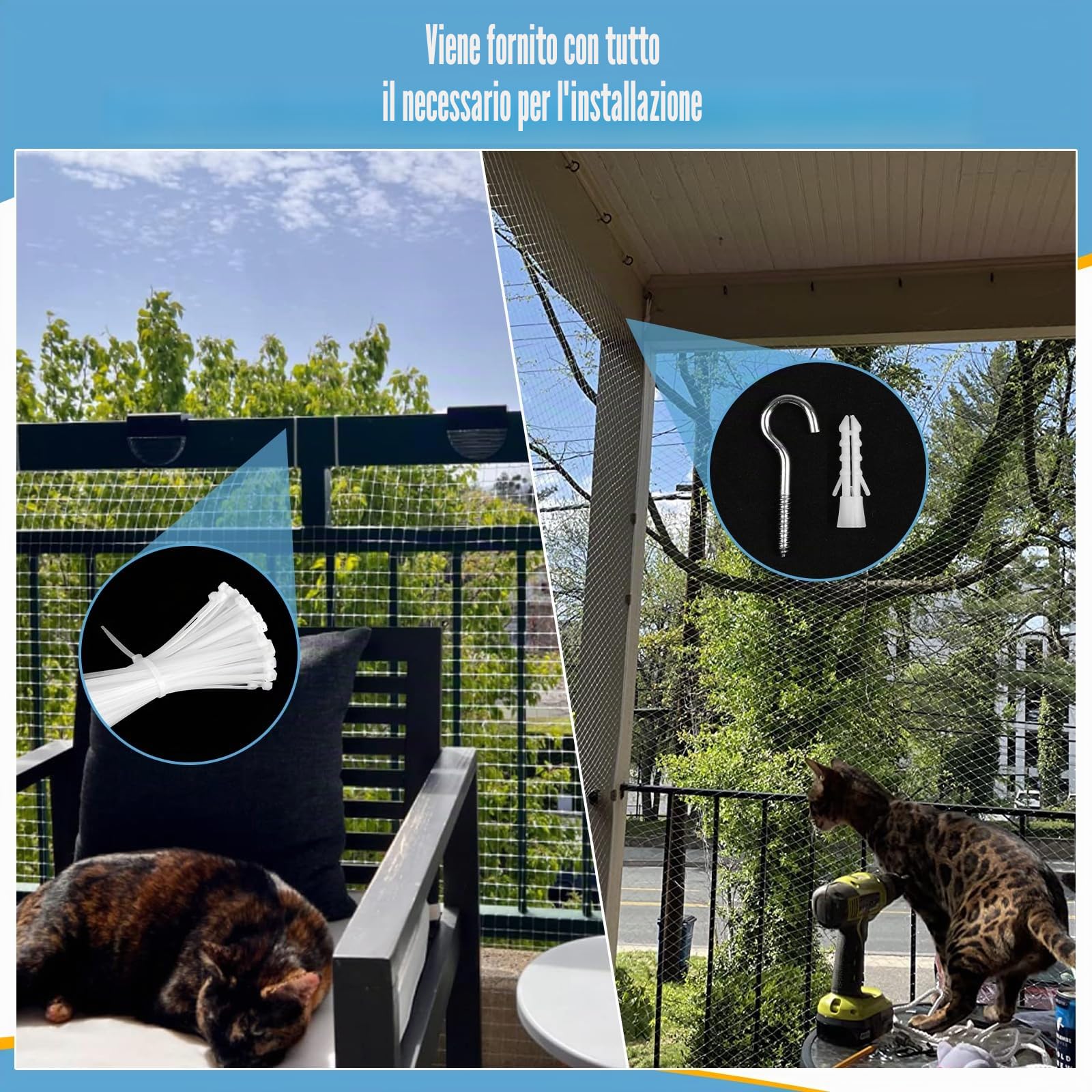 Aystkniet Rete per gatti per balcone trasparente 4 × 3 m, 2.5 × 2.5 cm, rete di protezione per gatti per balcone con corda di fissaggio e accessori, terrazze, interni ed esterni
