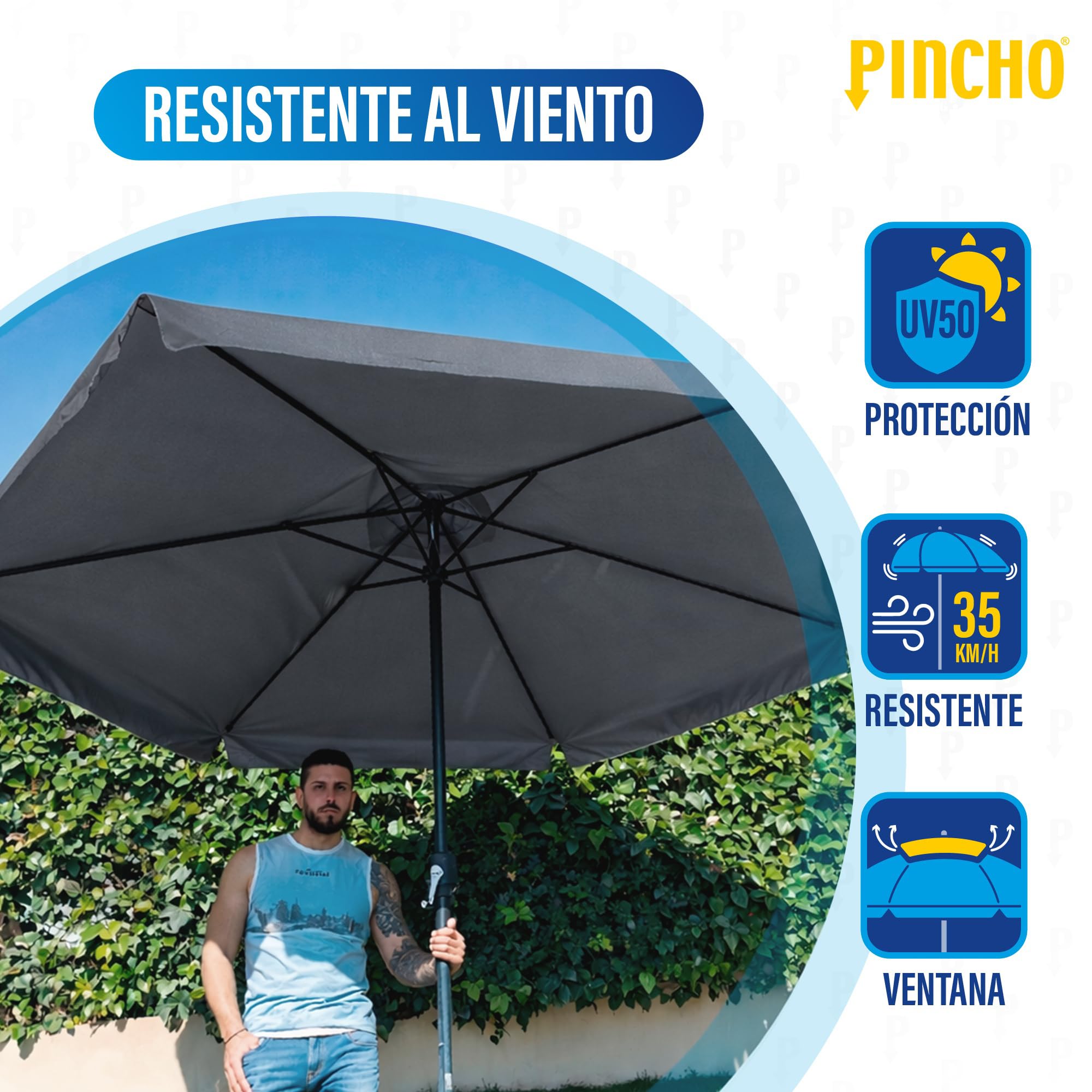 Pincho Sombrilla Terraza Exterior 330cm, Sombrilla Jardín Grande con Ventana Superior, Tela Poliéster 170gr/m2, Aluminio, Protección Solar UV50+ (ANTRACITA 330 CM)