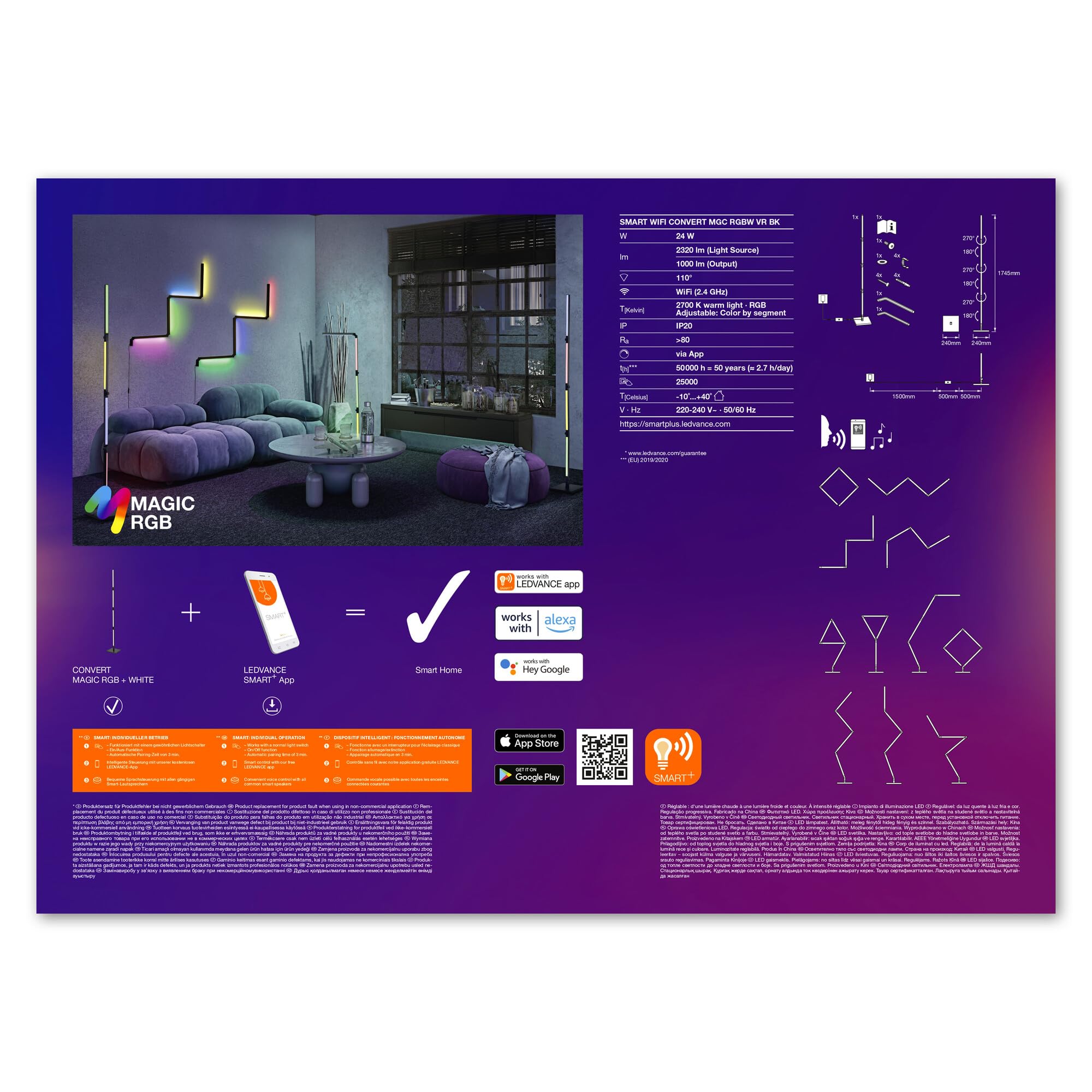 LEDVANCE SMART+ WIFI CONVERT Wand- & Stehleuchte, schwarz, 24W, 2320lm, regulierbares Weiß- & Farblicht, dimmbar, lange Lebensdauer, dynamischer Magic RGB-Lichteffekt, App-steuerbar, 2700K - 6500K