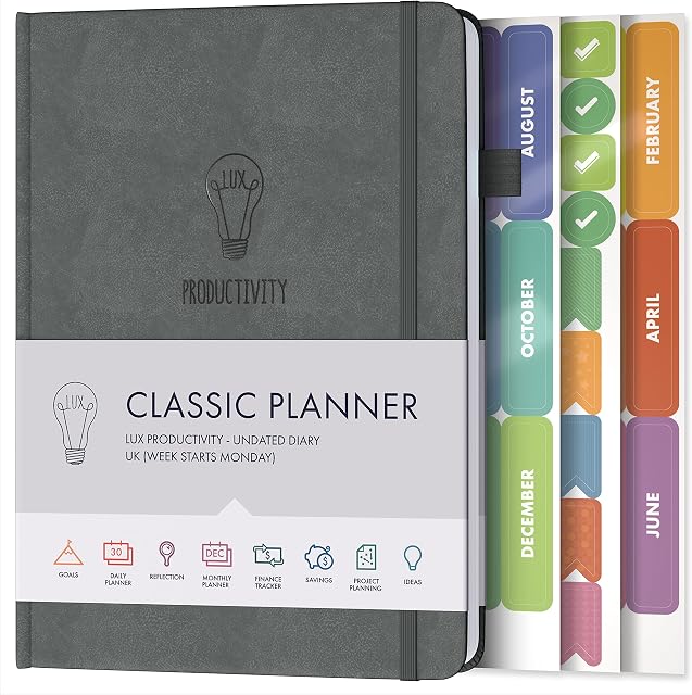 Daily Planner & appointment diary - Gratitude journal, wellness journal & 2023 Undated weekly planners and organisers - Desk journals for women & men - LUX Productivity Classic (GUNMETAL GREY)