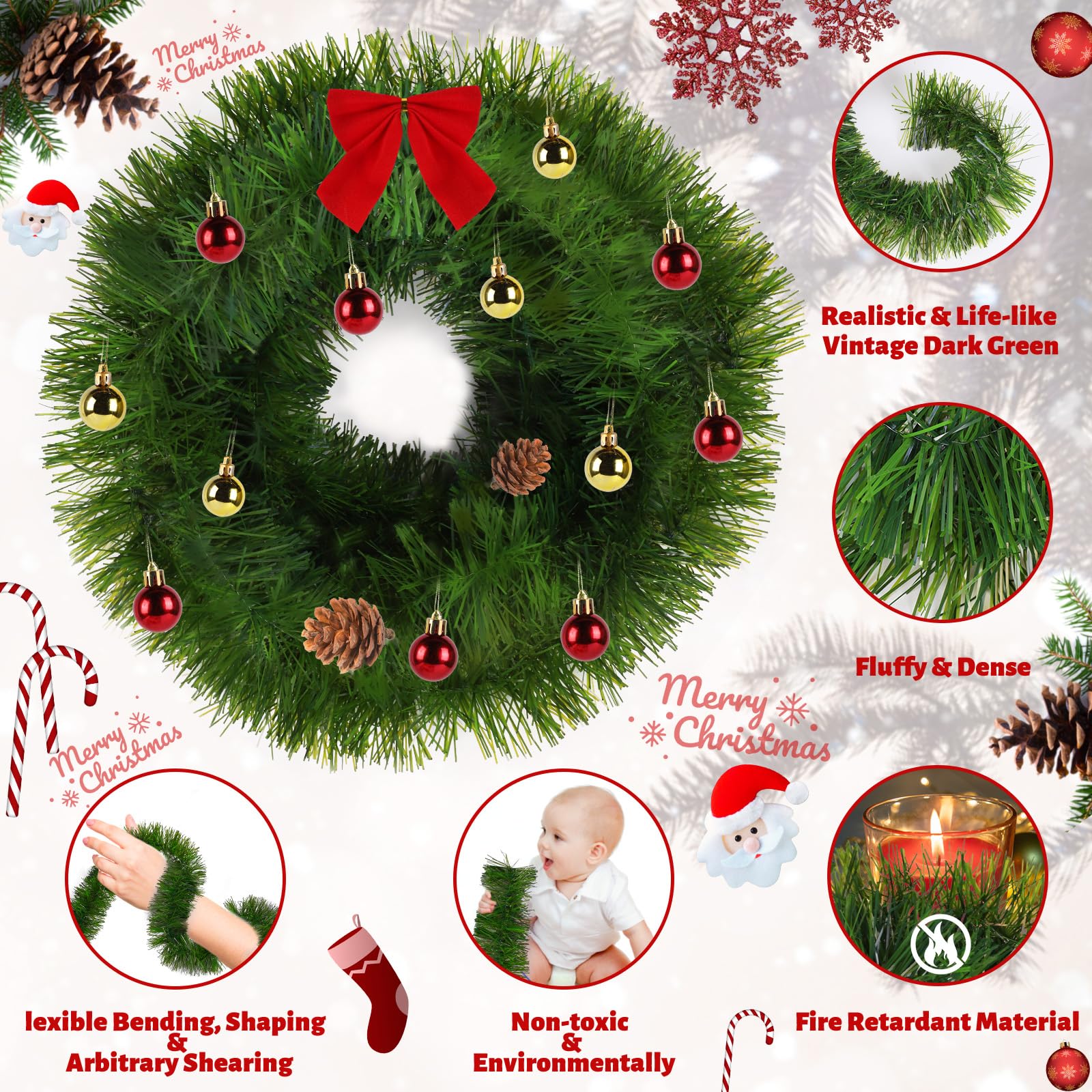 NQN Paquete de 3 guirnaldas de Navidad de 250 pies para decoración de Navidad, decoración navideña suave sin iluminación, decoración navideña para interiores y exteriores, guirnalda artificial de