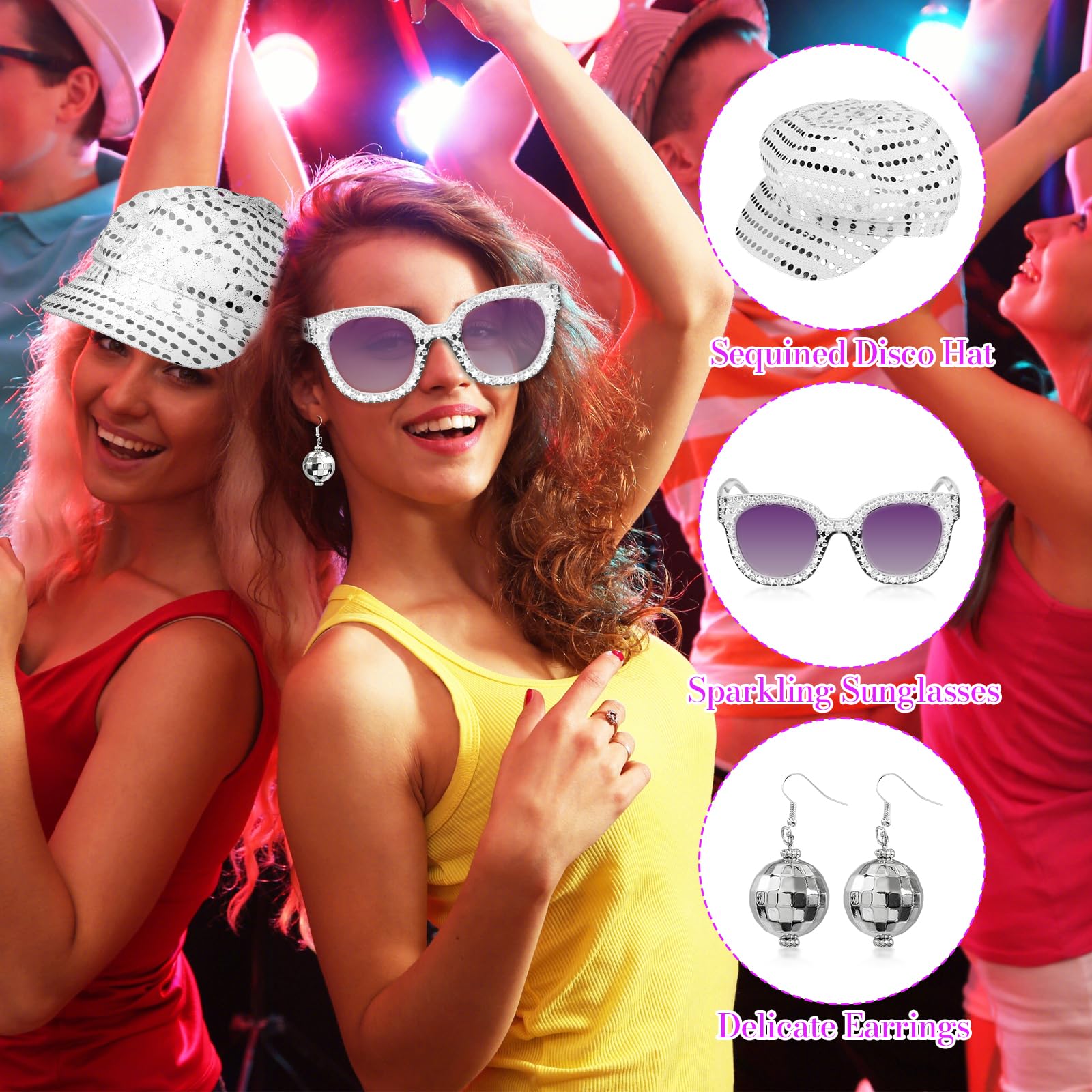 CIGTSICO 3 Piece 70s Abba Disco Accessories Set including Sparkling Hat, Earrings, Glasses for Girls Theme Party Gathering Silver - Image 3