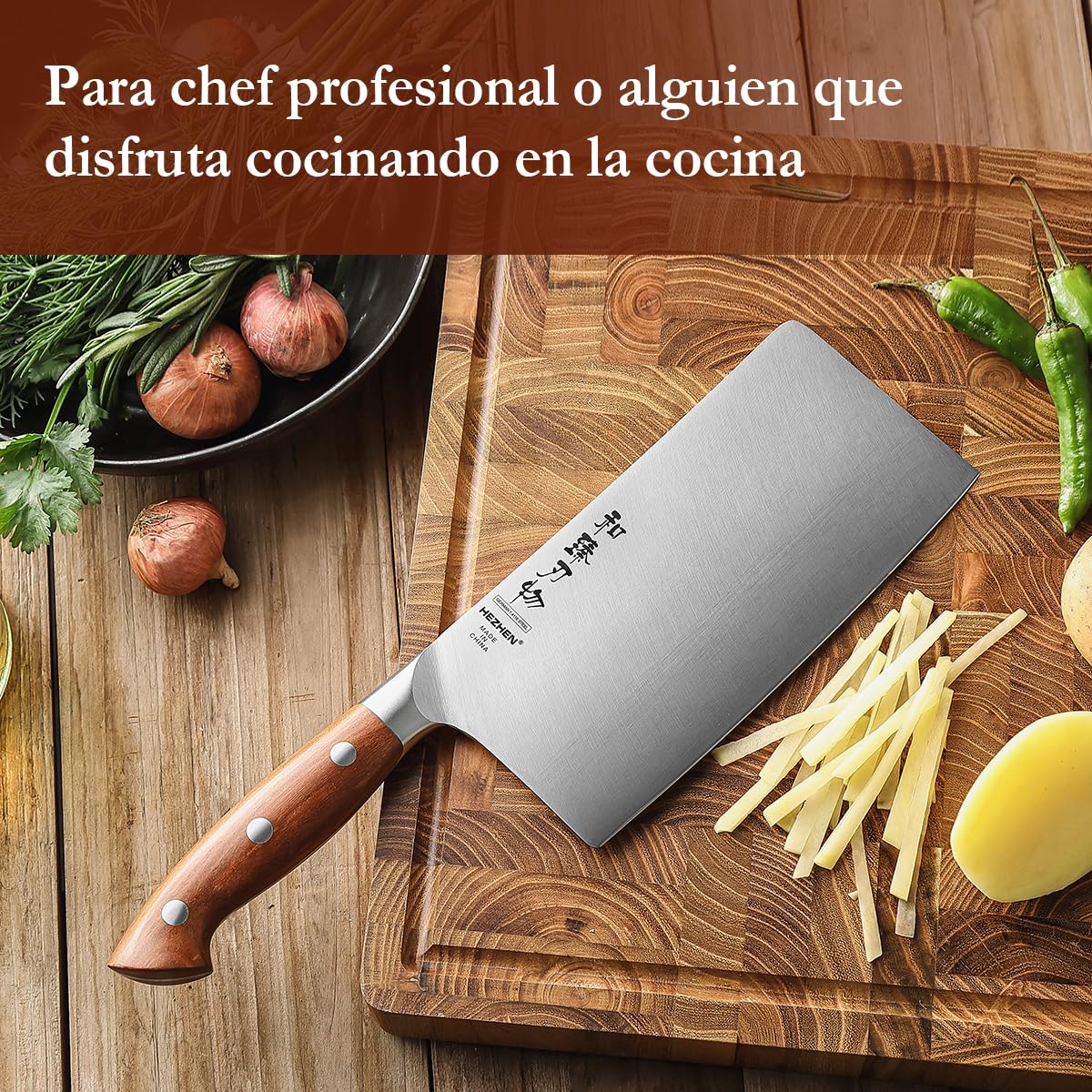 HEZHEN 18cm Cuchillo de Cocinero Chino Acero Alemán, Cuchillos de Carne Profesional, Cuchillos de Verdura y Fruta, Manico Ergonomico