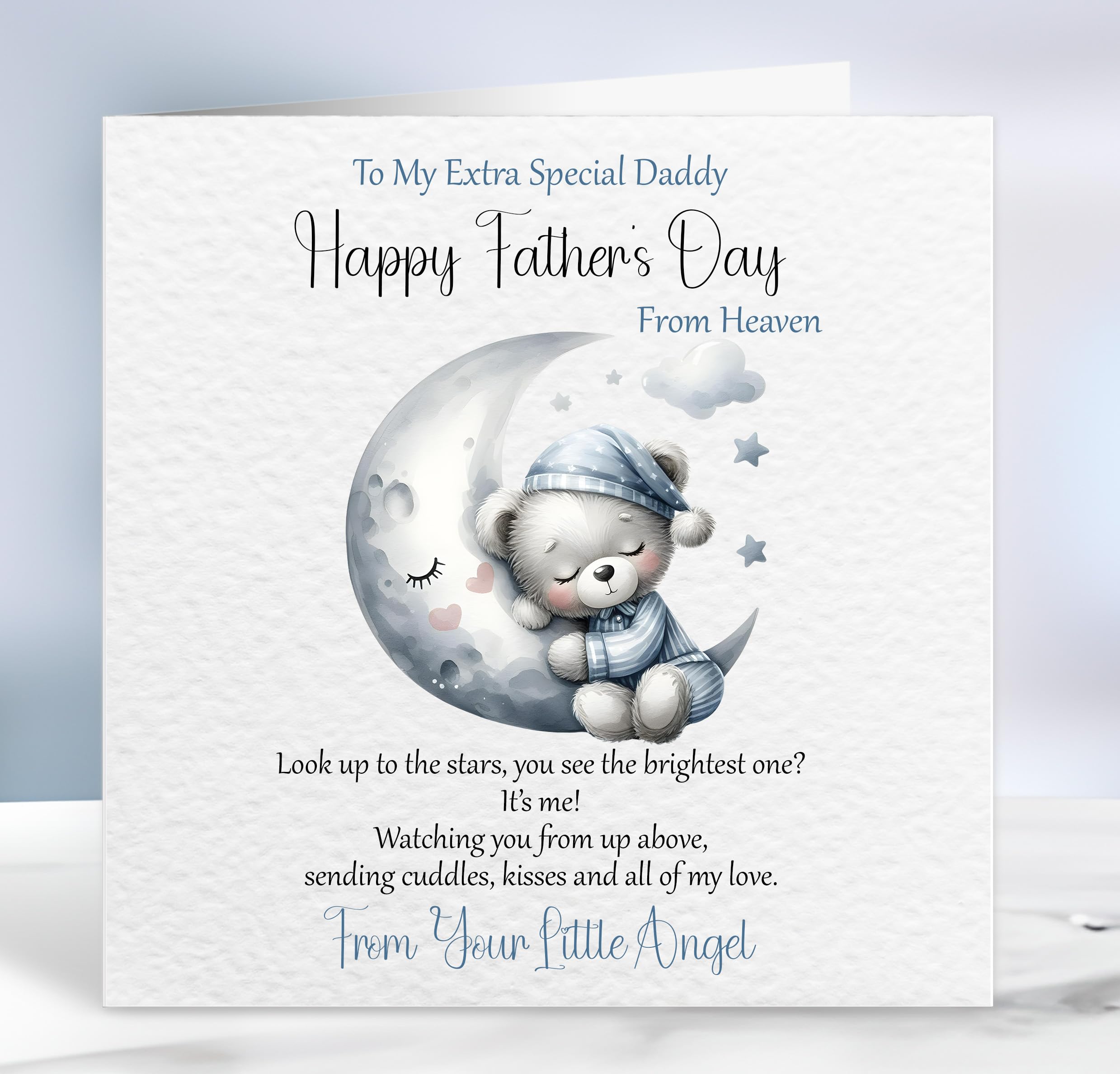 Memorial Father's Day Card from Heaven, Teddy Bear Design, Pink and Blue Variants (BLUE)