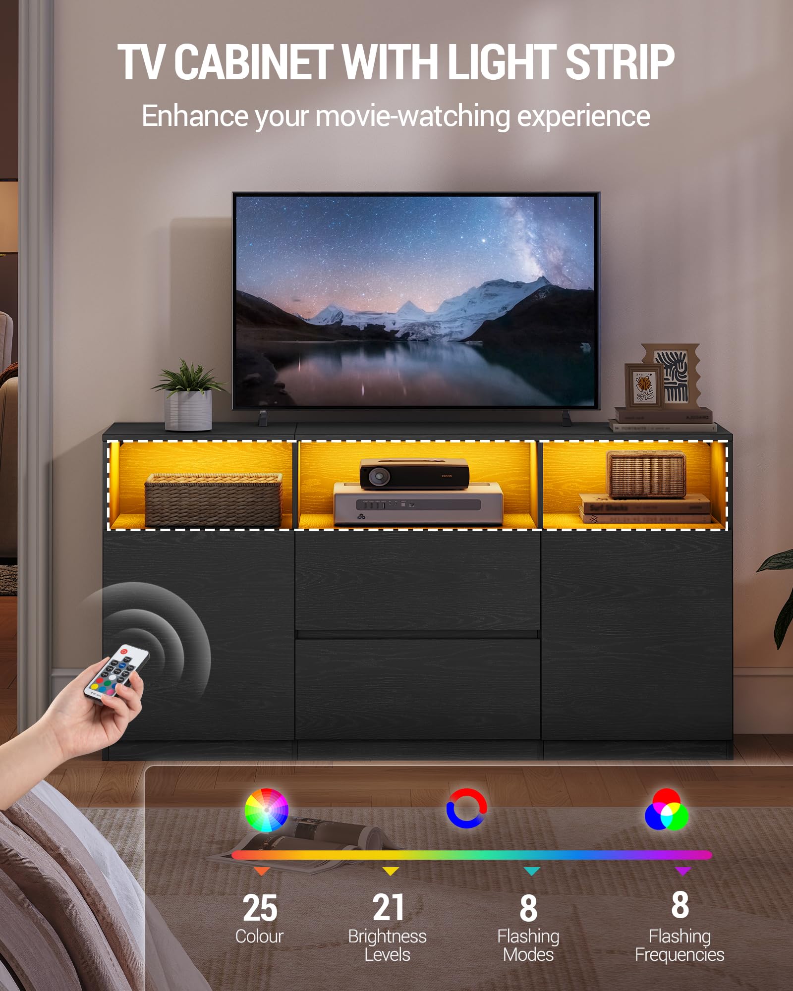 Hzuaneri Mueble de TV, con Luces LED, 147 x 40 x 76 cm, Negro | Mesa de TV de hasta 65 Pulgadas, 2 Cajones, 2 Gabinete y 3 Compartimentos, para Salón, Dormitorio, TV17004XEU