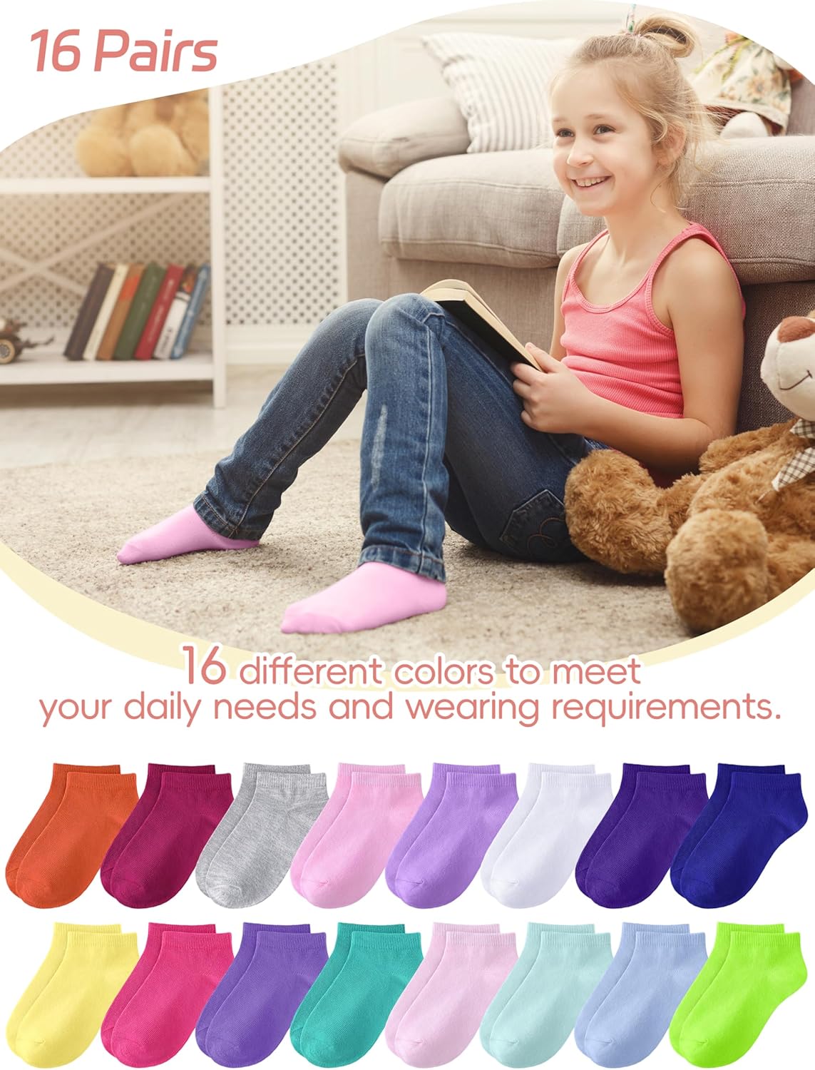 16 Pairs Kids Socks Toddler Half Cushion Ankle Athletic Low Cut Socks for Boys Girls Orange, Royal Blue, Light Rose, Light Grey, Milti1, 2-4T
