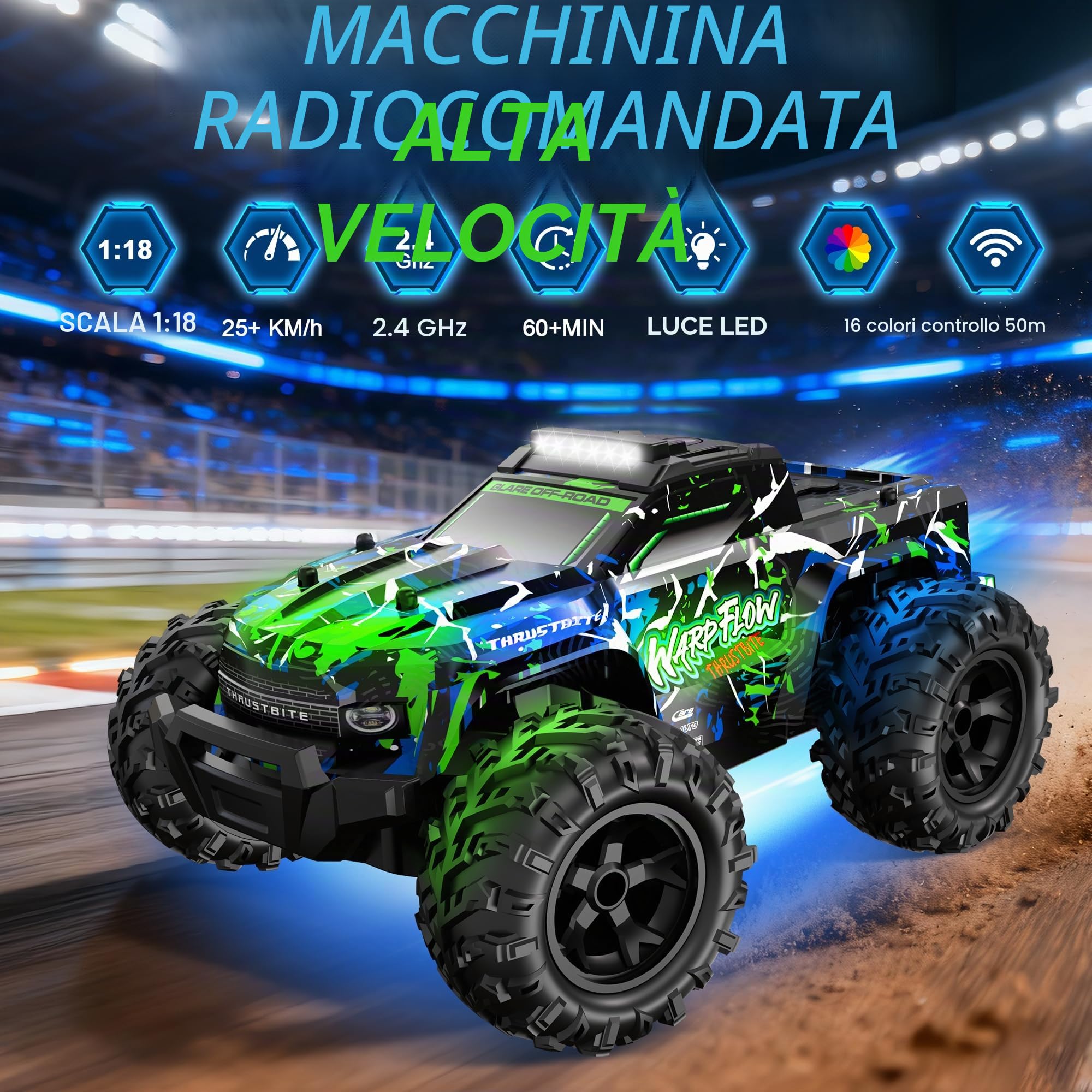 BAZADER Macchina Telecomandata Auto Telecomandate - 1:18 LED Light 25KMH Macchina Radiocomandata per Bambini con Spray 2.4GHz AllTerrain Off-Road 2 Batterie 60 Minuti Giocattolo da Corsa Veloce