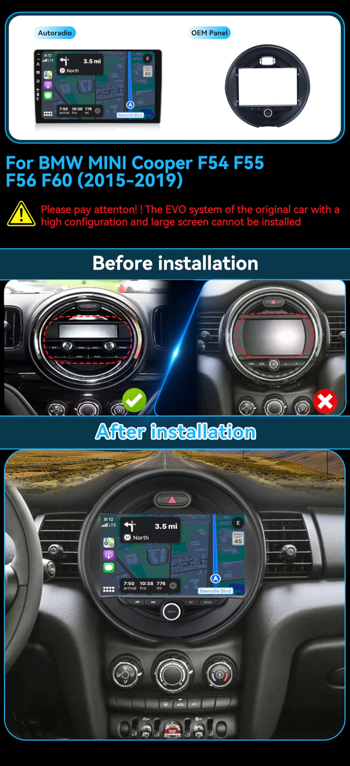 MSD 6G+128G Octa-Core - 9 Pulgada Autoradio para BMW Mini Cooper F54 F55 F56 F60 (2015-2019) | Android 15 GPS Navi Radio | CarPlay Android Auto Dab 4G Dual-Band WLAN Volante DSP | Cámara Mic | 2 DIN