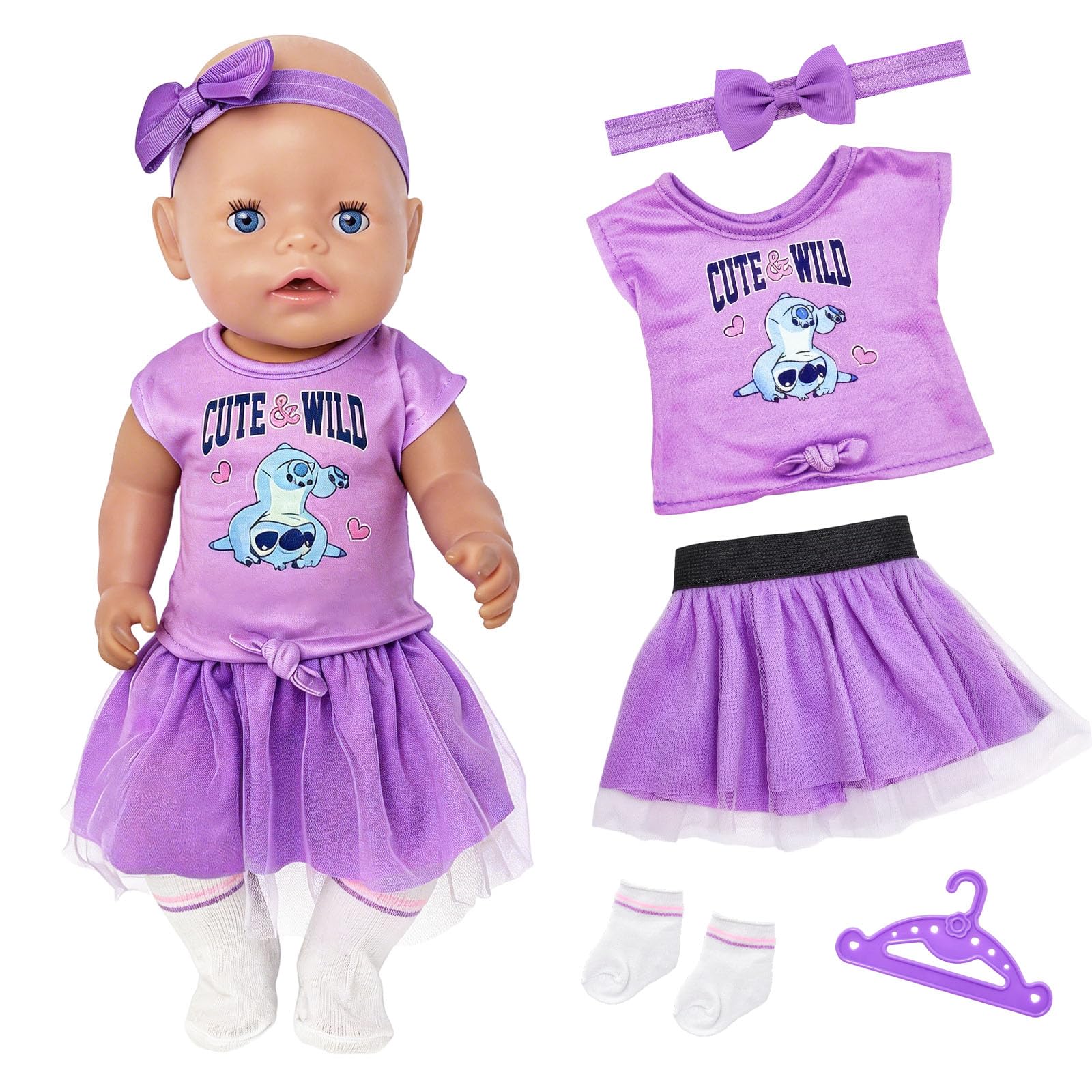 5 Purple Dolls Clothes for 14-18 Inch Doll, Baby Doll Clothes Outfits Includes 1 Short-Sleeved 1 Purple Tulle Skirt 1 Hairband 1 Hanger 1 Socks for 35-43cm Dolls