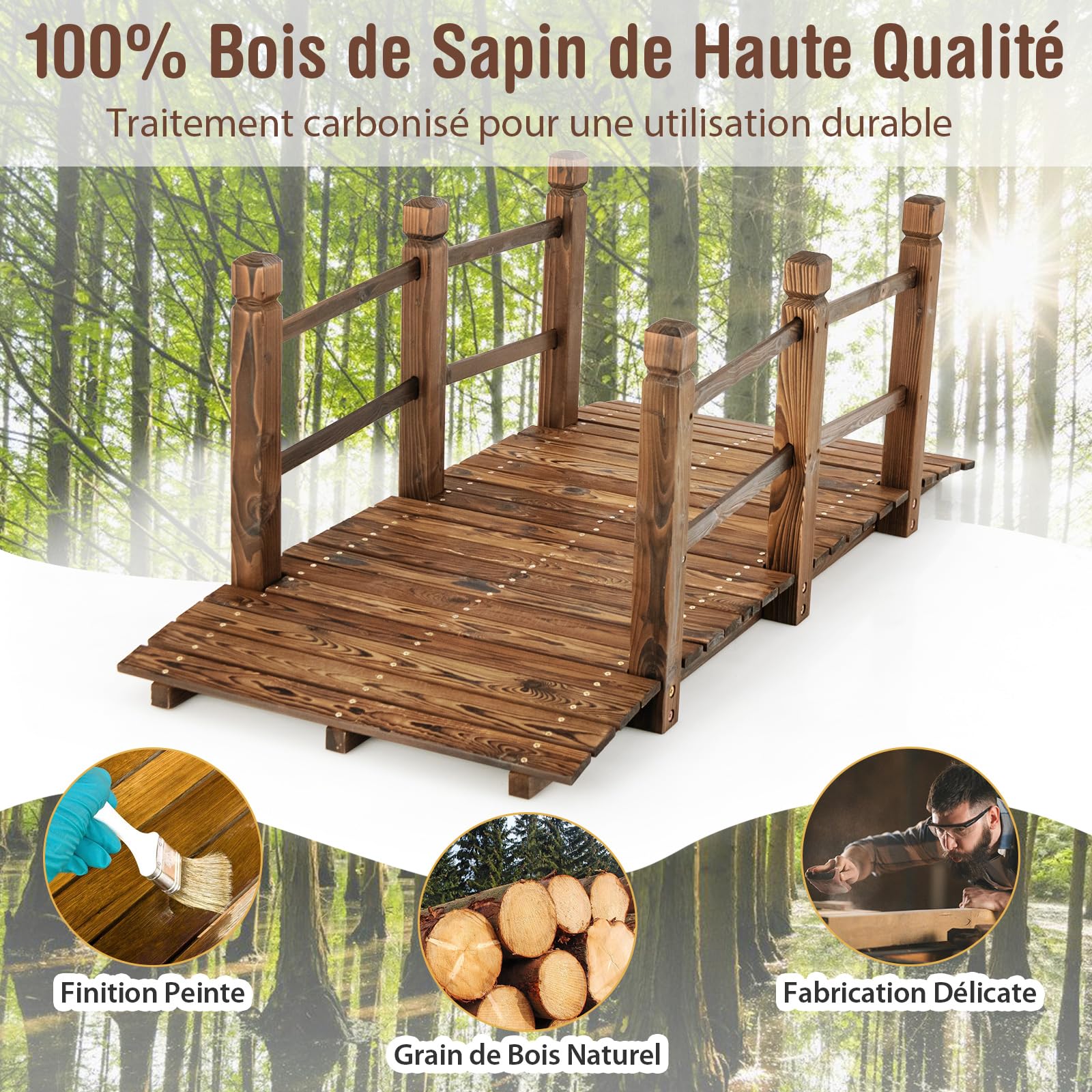 COSTWAY Pont de Jardin en Bois de Sapin Carbonisé Charge Maximale 150KG, Pont sur Étang 150 x 67 x 55 cm avec Double Garde-Corps de Sécurité, Décoration du Jardin pour Patio Cour (Marron foncé)