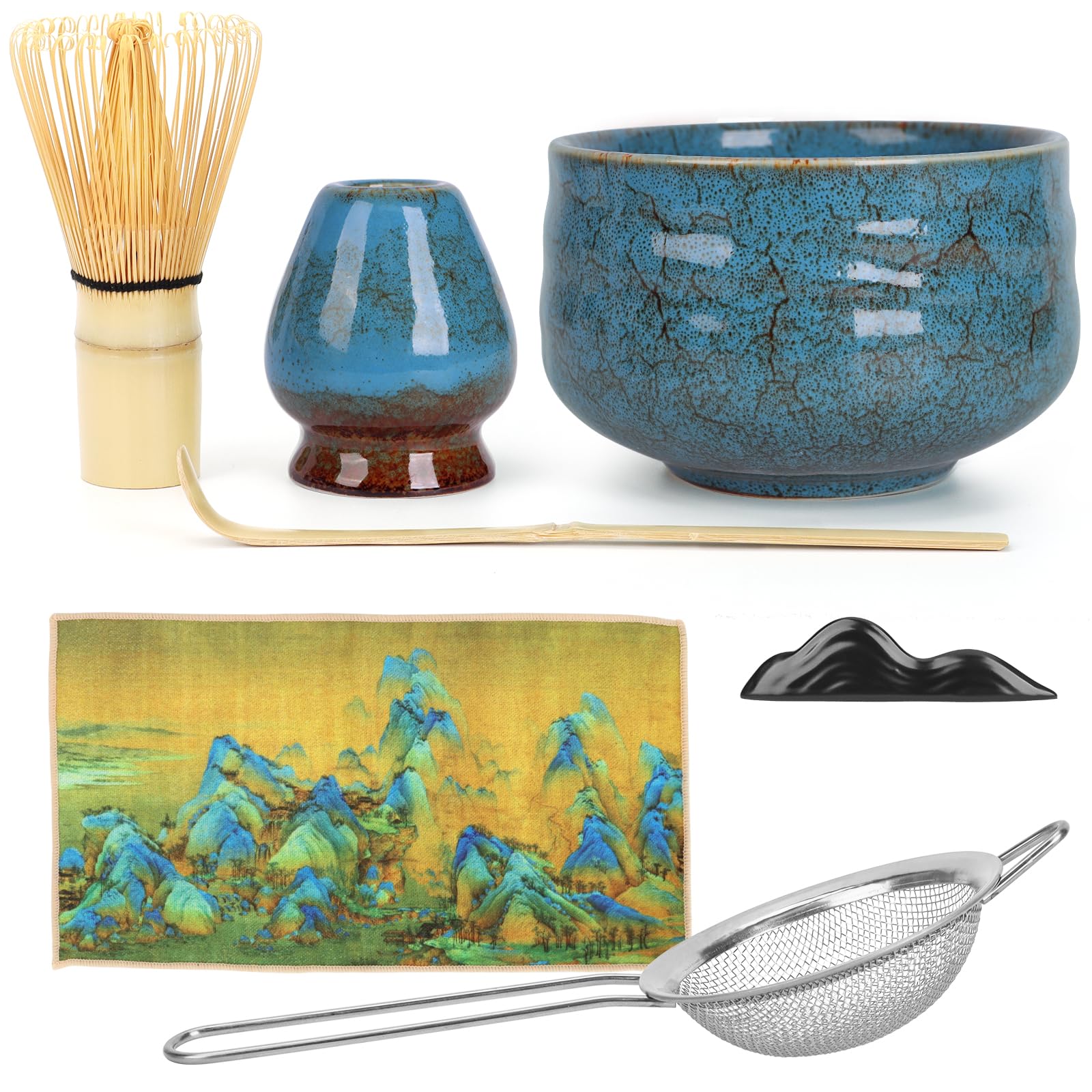 Produktbild von Matcha-Schneebesen-Set Mit Schale & Halter – Bambus-Besen & Porzellan-Schale Für Traditionelle Matcha-Zubereitung