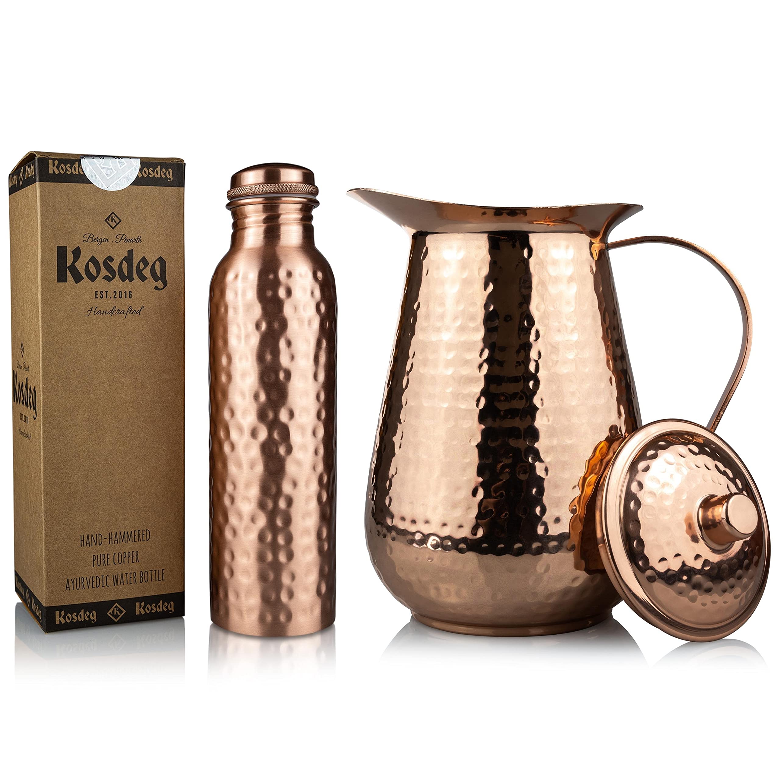 Kosdeg Copper Water Bottle - Hammered Ayurvedic Pure Copper Vessel For Drinking - Drink More Water, Lower Your Sugar Intake And Enjoy The Health Benefits Immediately