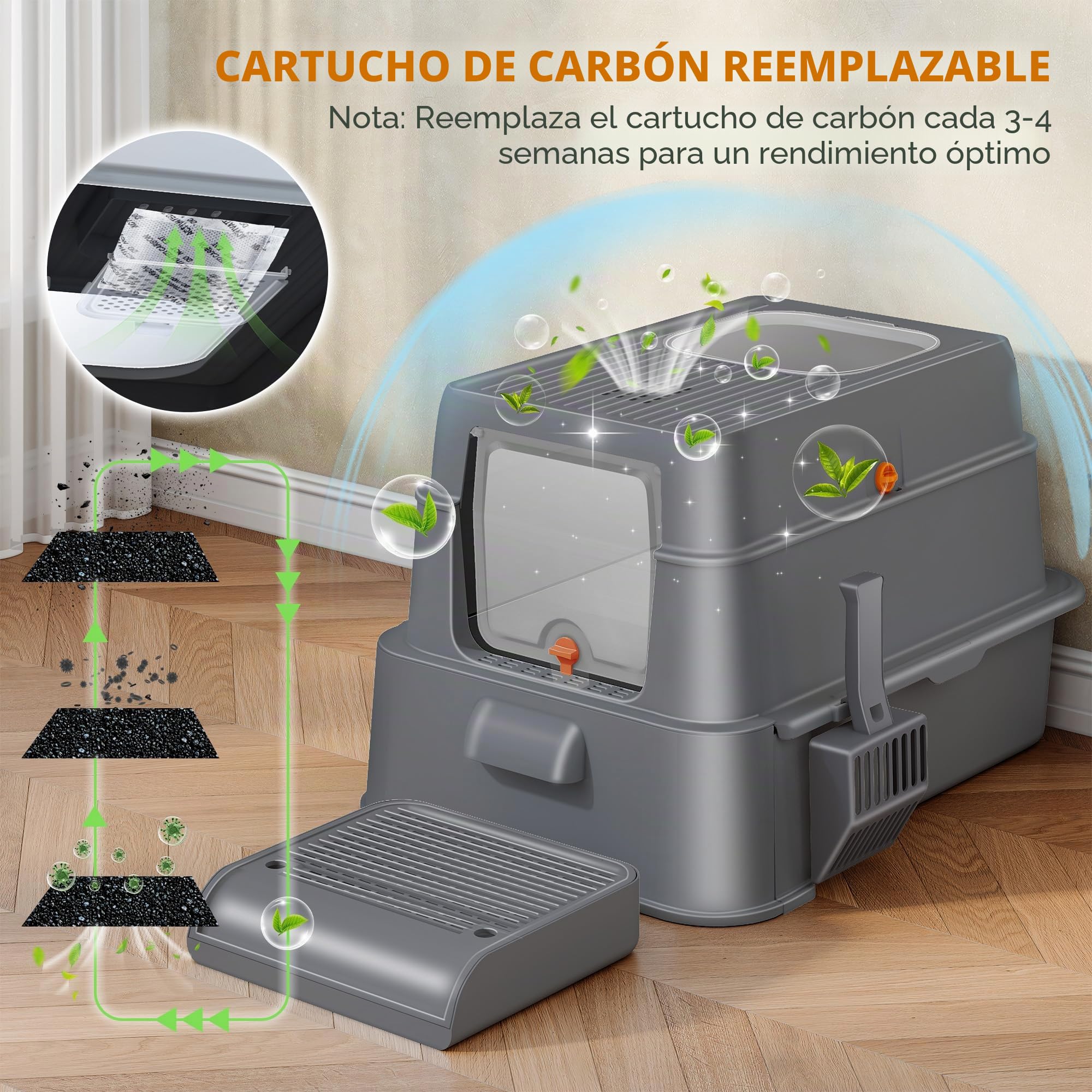 Arenero Acero Inoxidable Gatos con Cajón, 65x44x40cm, Gris Oscuro | XXL Arenero Metalico Cerrado para Gatos, Incluye Pedal y Pala, Control de Olores, Fácil de Limpiar, Dos Entradas FPLB201SG2