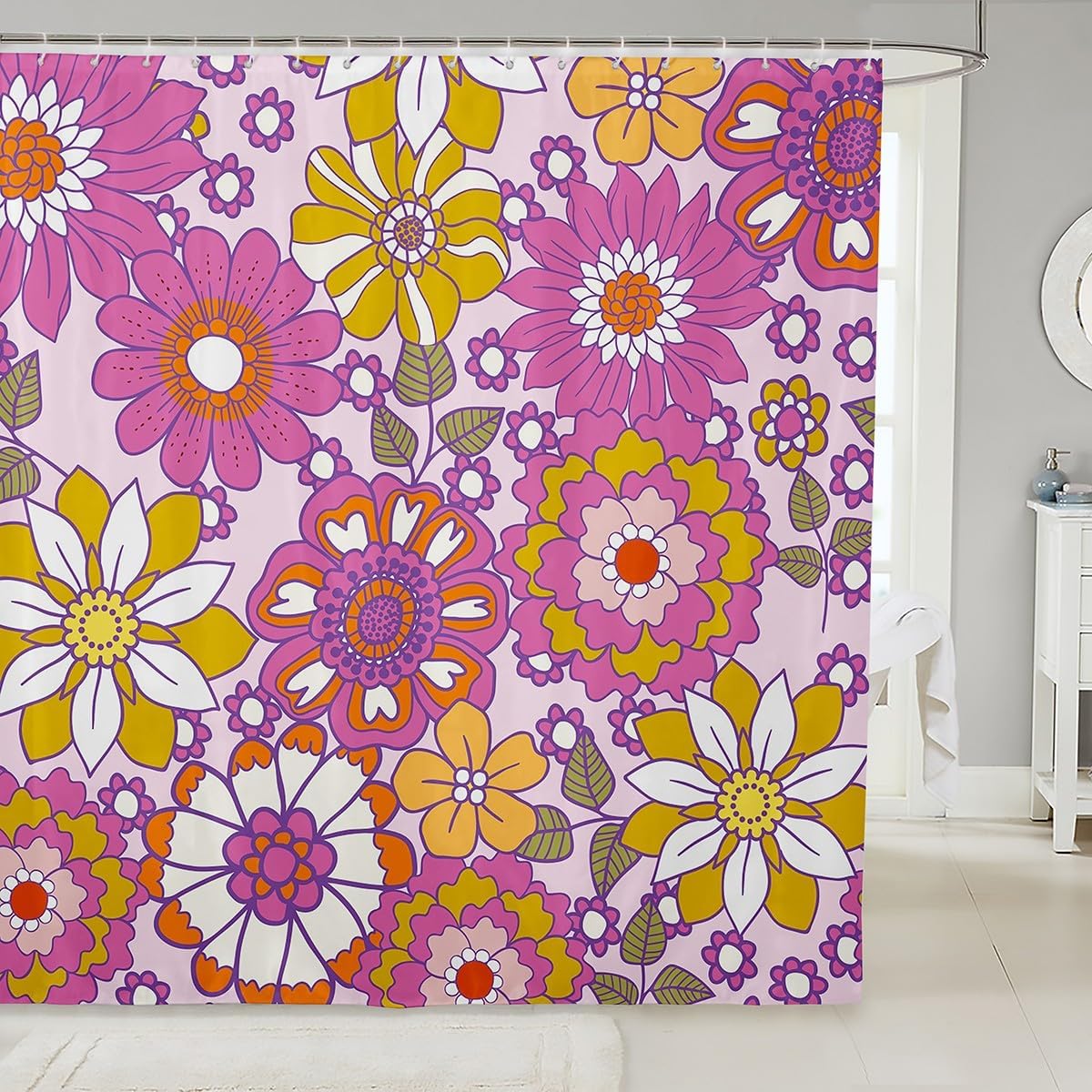 Erosebridal Kids Retro 60S Floral Bathroom Curtain 72" Wx78 L,Kawaii Groovy Flower Power Shower Curtain for Teen Girls Room Cute Vintage Boho 70S Flowers Bath Curtain Colorful Blossom Curtain Sets