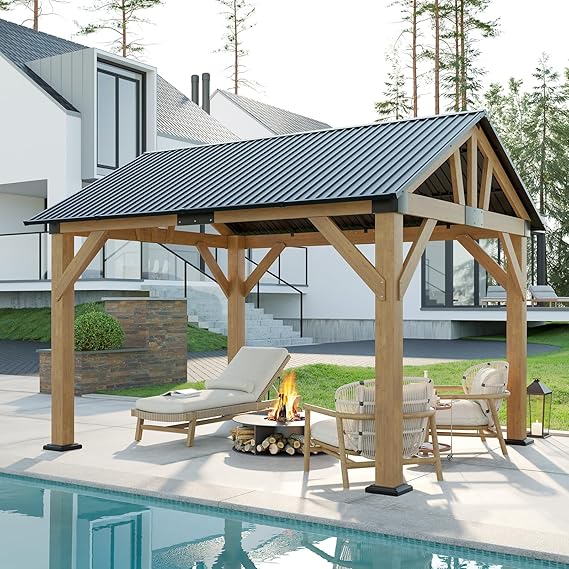 AMERLIFE 10x12 ft Spruce Wood Gazebo, Hardtop Pergola with Metal Steel Roof, Outdoor Gazebo with Guest House for Garden, Porch, Patio, Black + Natural Wood