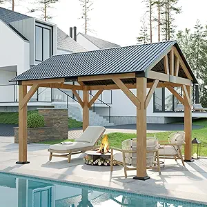AMERLIFE 10x12 ft Spruce Wood Gazebo, Hardtop Pergola with Metal Steel Roof, Outdoor Gazebo with Guest House for Garden, Porch, Patio, Black + Natural Wood