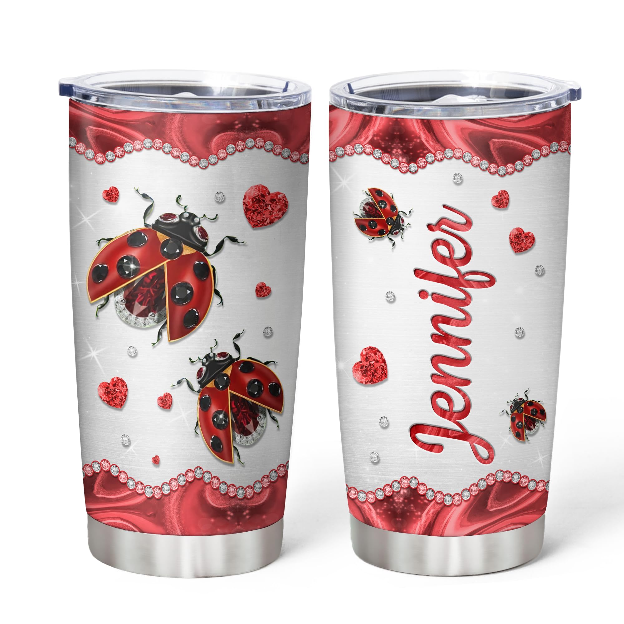 Hyturtle Personalized Gifts LadyBug Lover - Ladybugs Printed Customized Name Stainless Steel Tumbler 20 oz With Lid - Idea Cute Animals Lover Gifts For Women, Girl On Birthday, Christmas