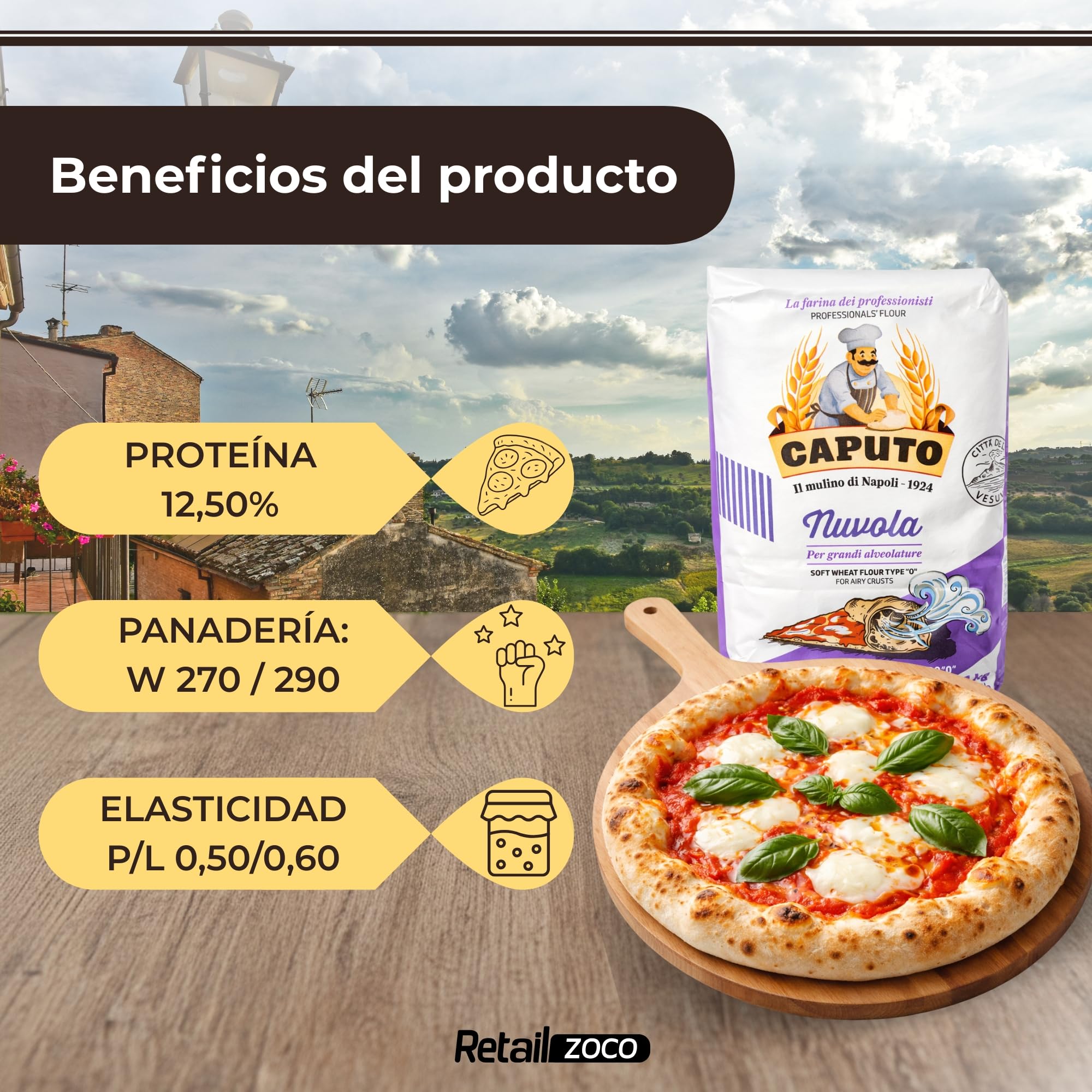 Harina Caputo Nuvola Pizzeria, Origen Italiana, ideal para masas ligeras con grandes cavidades, gran volumen, Recomendado para la clásica pizza napolitana, Tipo Harina 0, Contiene 1 unidad de 1 Kg