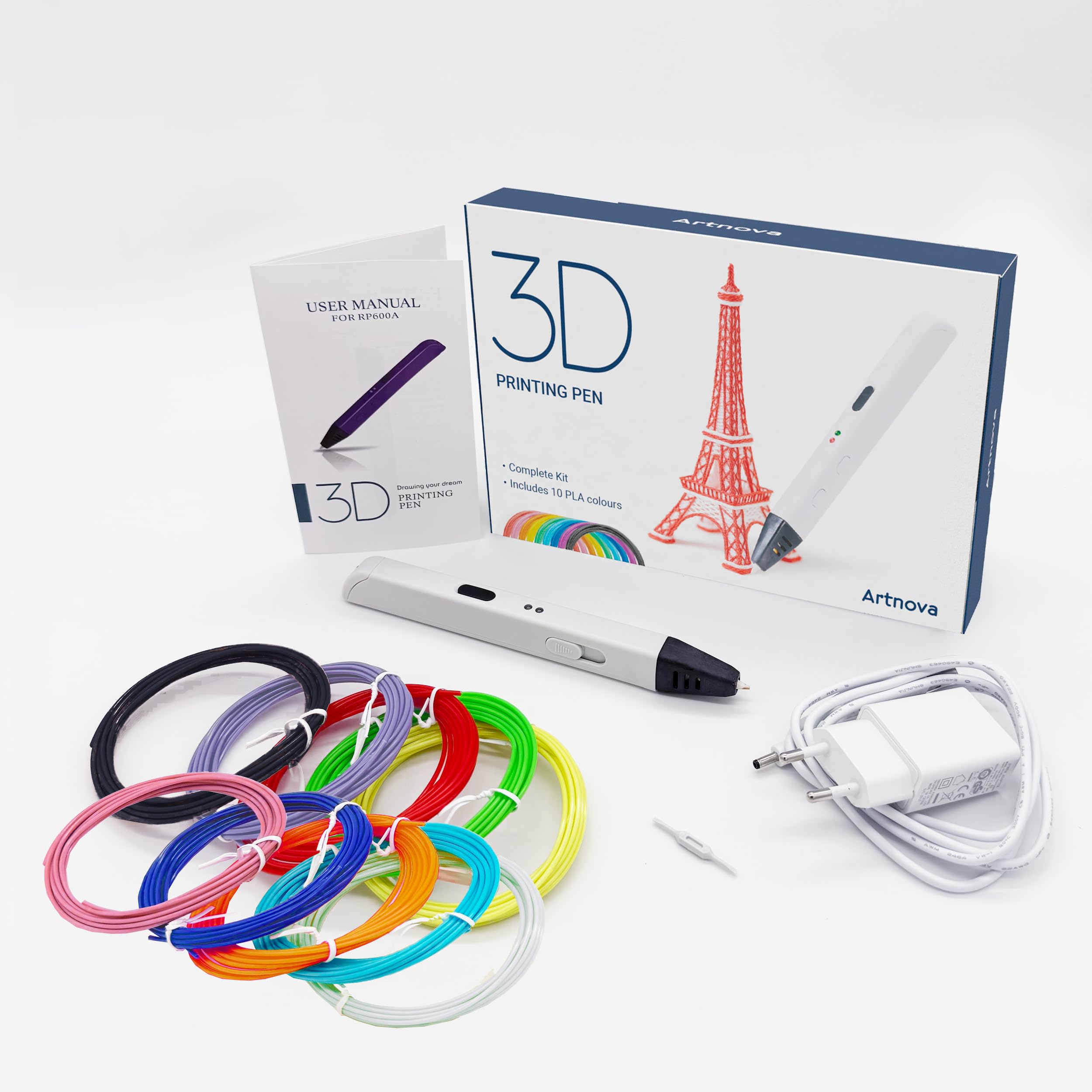 Artnova 3D-Stift mit 10 PLA-Farbfilamenten (30 m) – 3D-Druckerstift mit präziser Steuerung, EU-Adapter, Einstellwerkzeug, kreatives Geschenk.