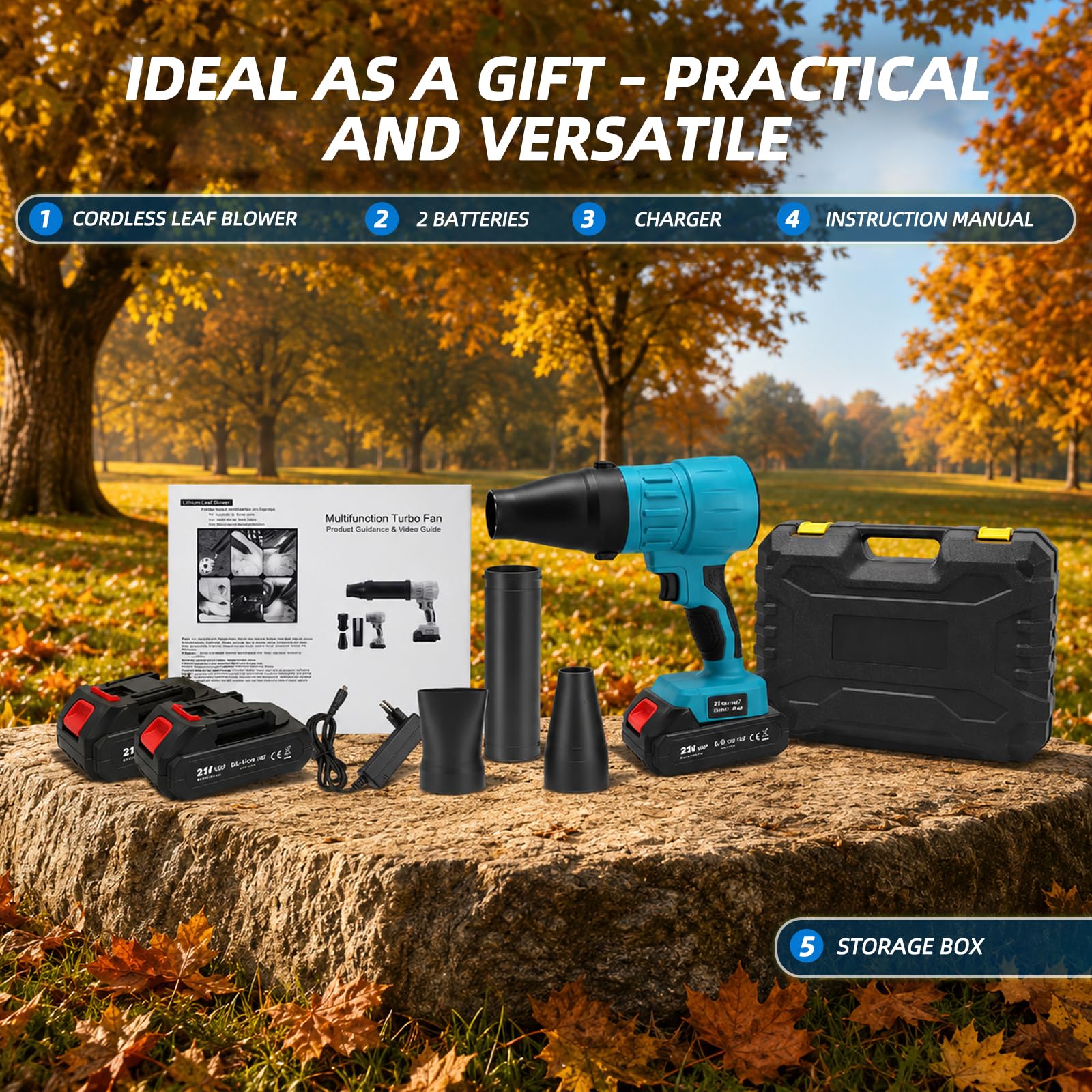Akumulatorowa dmuchawa do liści, turbo, kompatybilna z Makita 18 V – 80000 obr./min, 60 m/s i 850 g – w zestawie 2 x akumulatory 2000 mAh, 3 dysze, niebieska (z akumulatorem)