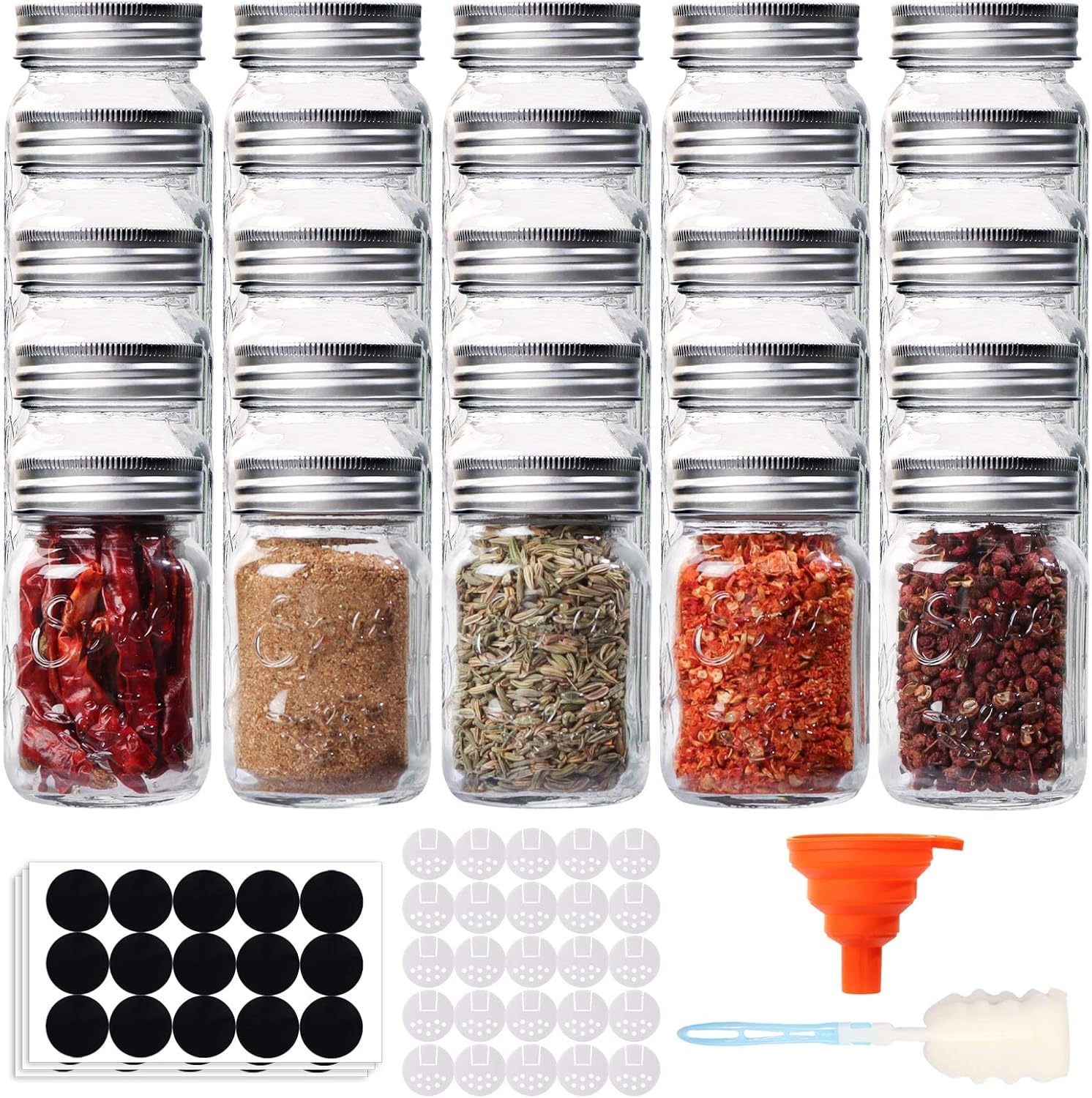 RusseryPek 25 Pack 120ml Glass Spice Jars, 4oz Spice Bottles with Shaker Lids & Airtight Metal Caps for Storage (Chalkboard Labels, Sponge Brush & Silicone Collapsible Funnel Included)