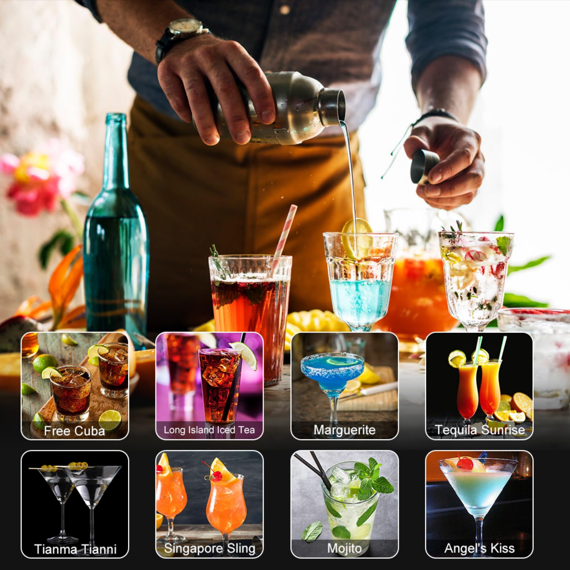 KINGROW Mixology Cocktail Shaker Set - Komplettes 29-teiliges Barkeeper-Set und Barwerkzeuge mit Acryl-Drehständer, Professionelles Bar-Set für Getränkemischen, Zuhause, Bar, Party