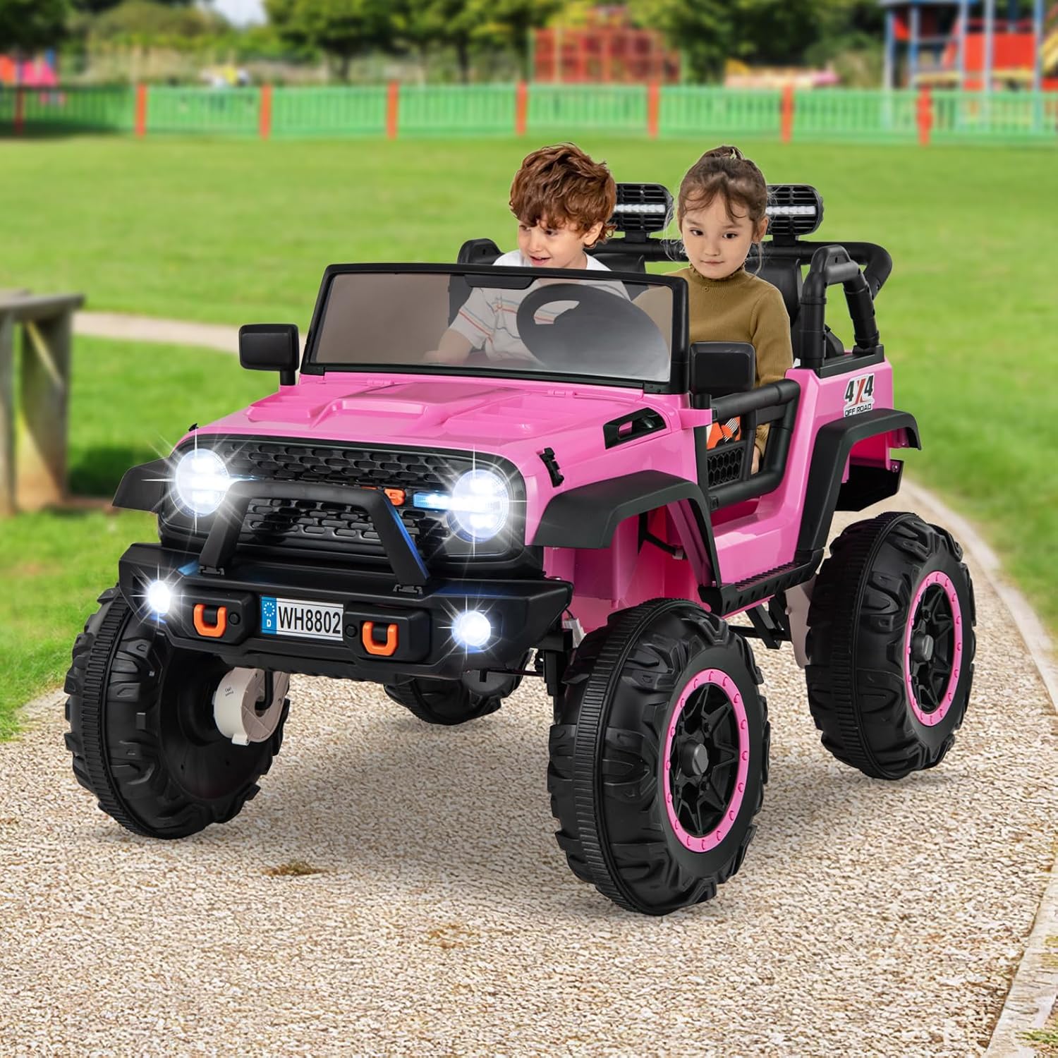 INFANS 24V 2 Seater Ride on Car for Kids, 2WD/4WD Battery Powered with Remote Control, Music, USB, MP3, Spring Suspension, 20" Wide Seat Electric Jeep Toys for Boys Girls Aged 3+ (Pink)