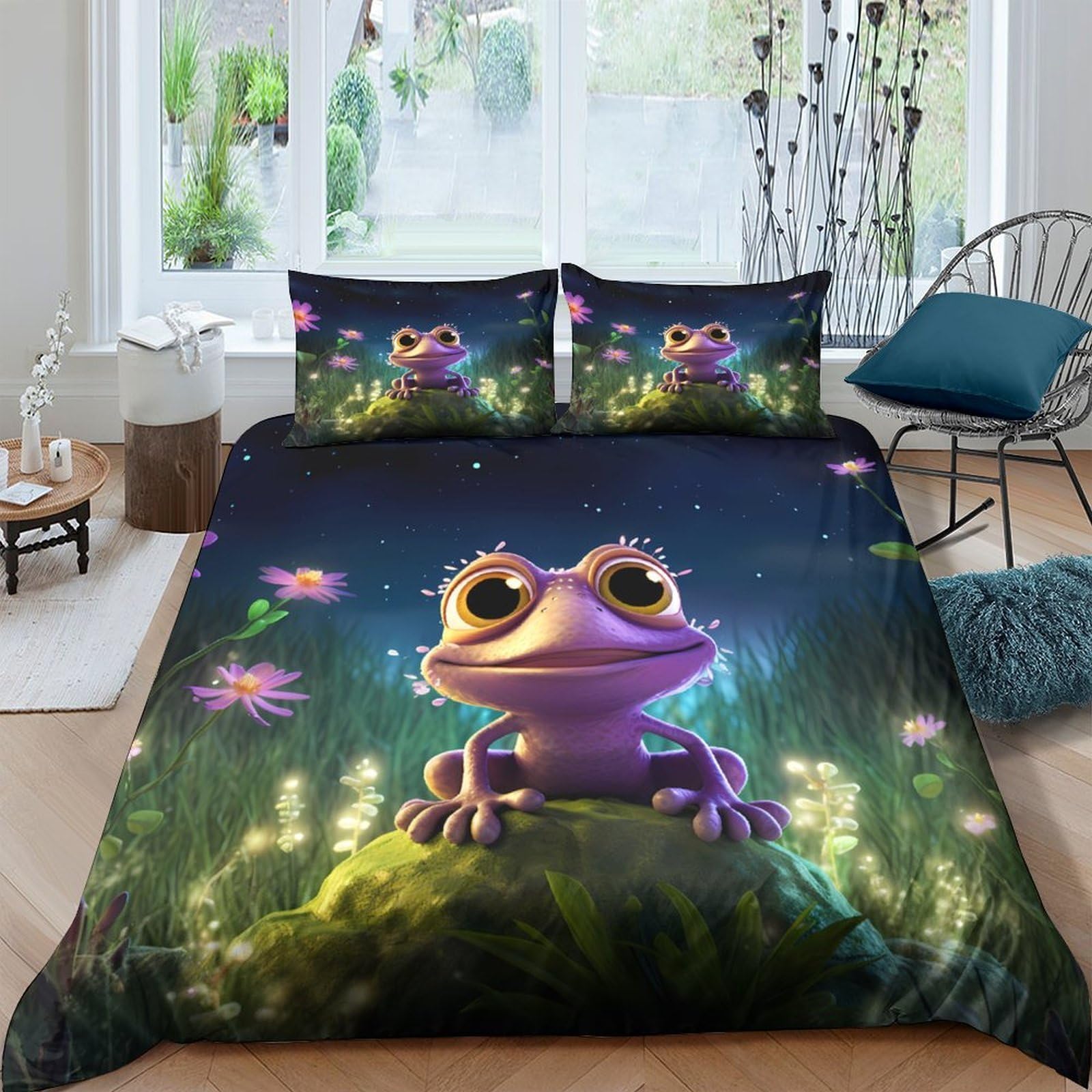 Ctjqhvkz Style-7 3D Printed Cute Purple Frog Fitted Sheet Microfiber Soft Floral Meadow Mattress Cover For Bedroom Dorm Decor Single（135X200cm）