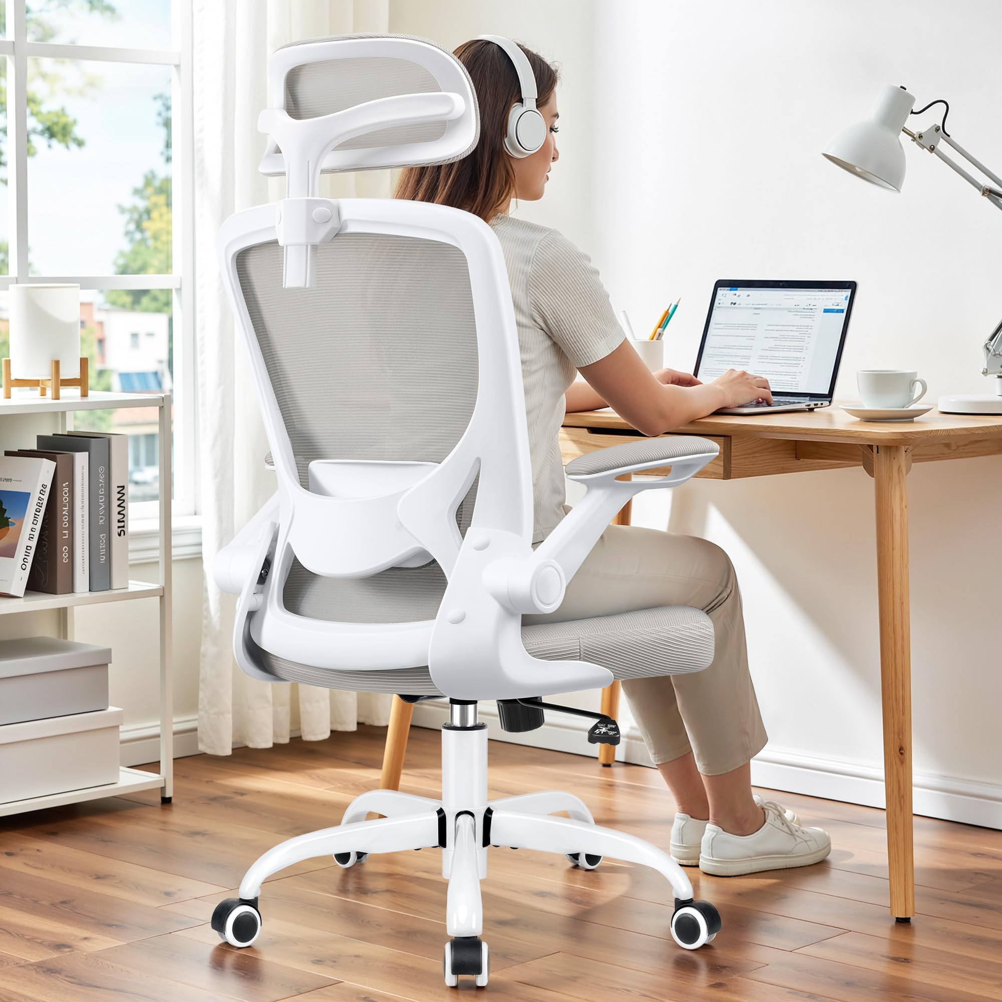 Photo 1 of **POSSIBLY FOR PARTS / UNKNOWN MISSING ASSEMBLY PIECES*** BESTFAIR Office Chair Ergonomic Desk Chair, Breathable Mesh Office Chairs with Adjustable Lumbar Support, Flip-Up Arms, Computer Desk Chair Comfy for Home Office, Light Gray
