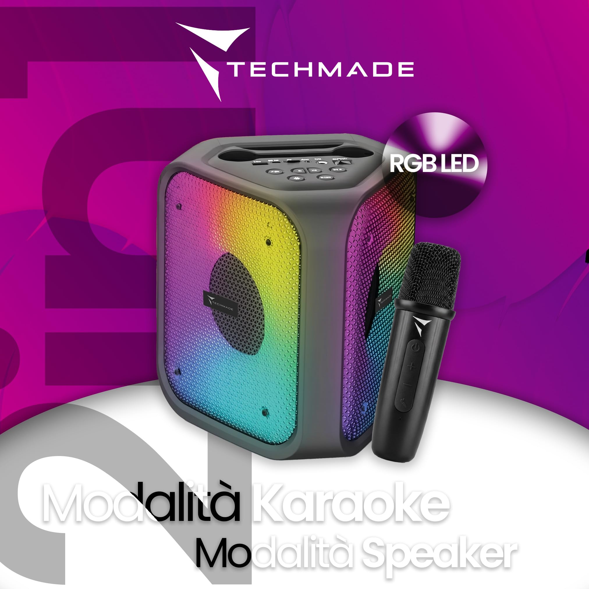 Techmade Speaker Bluetooth Karaoke con Microfono - 15W Portatile, Sistema 2 in 1 - Luci LED RGB - Connessione con BT 5.4, USB, Micro SD e AUX - Radio FM Integrata - Batteria 2400mAh