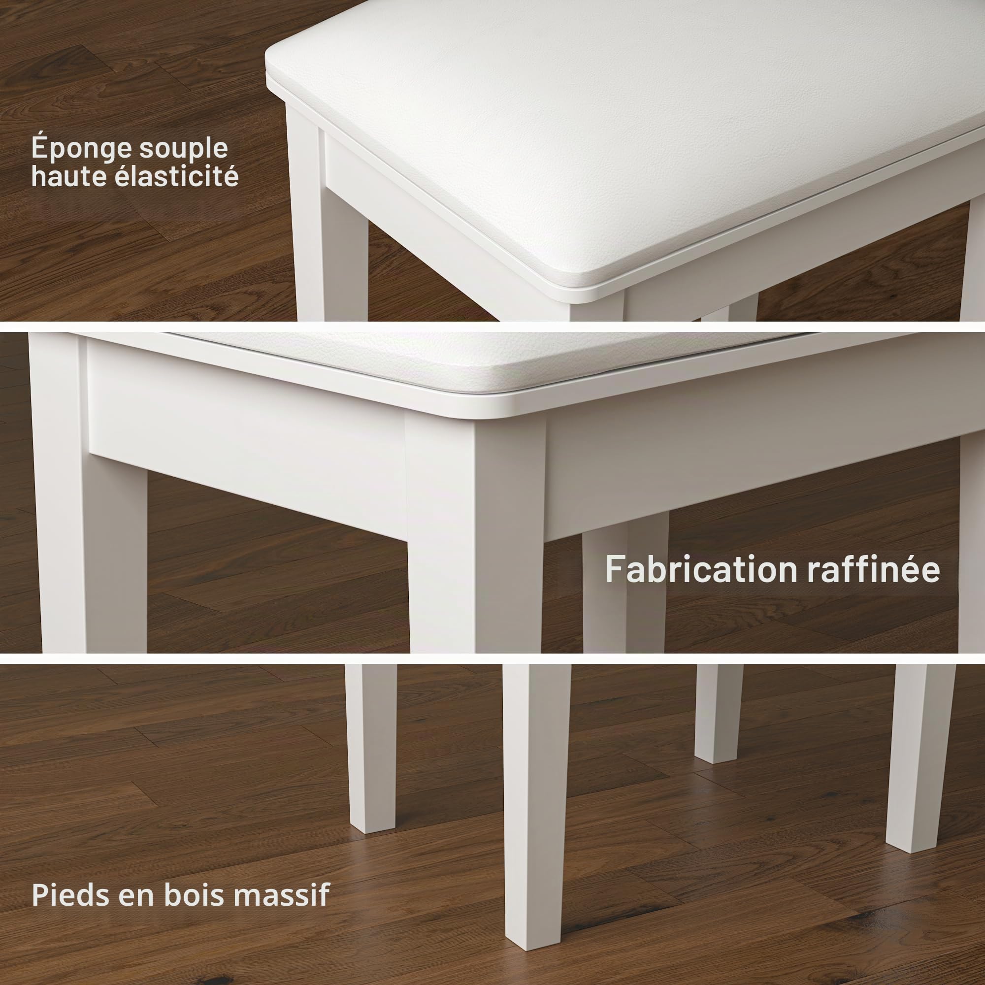 Tabouret de coiffeuse en bois rembourré en polyuréthane - Banc de maquillage pour piano - Blanc (1, pied droit)