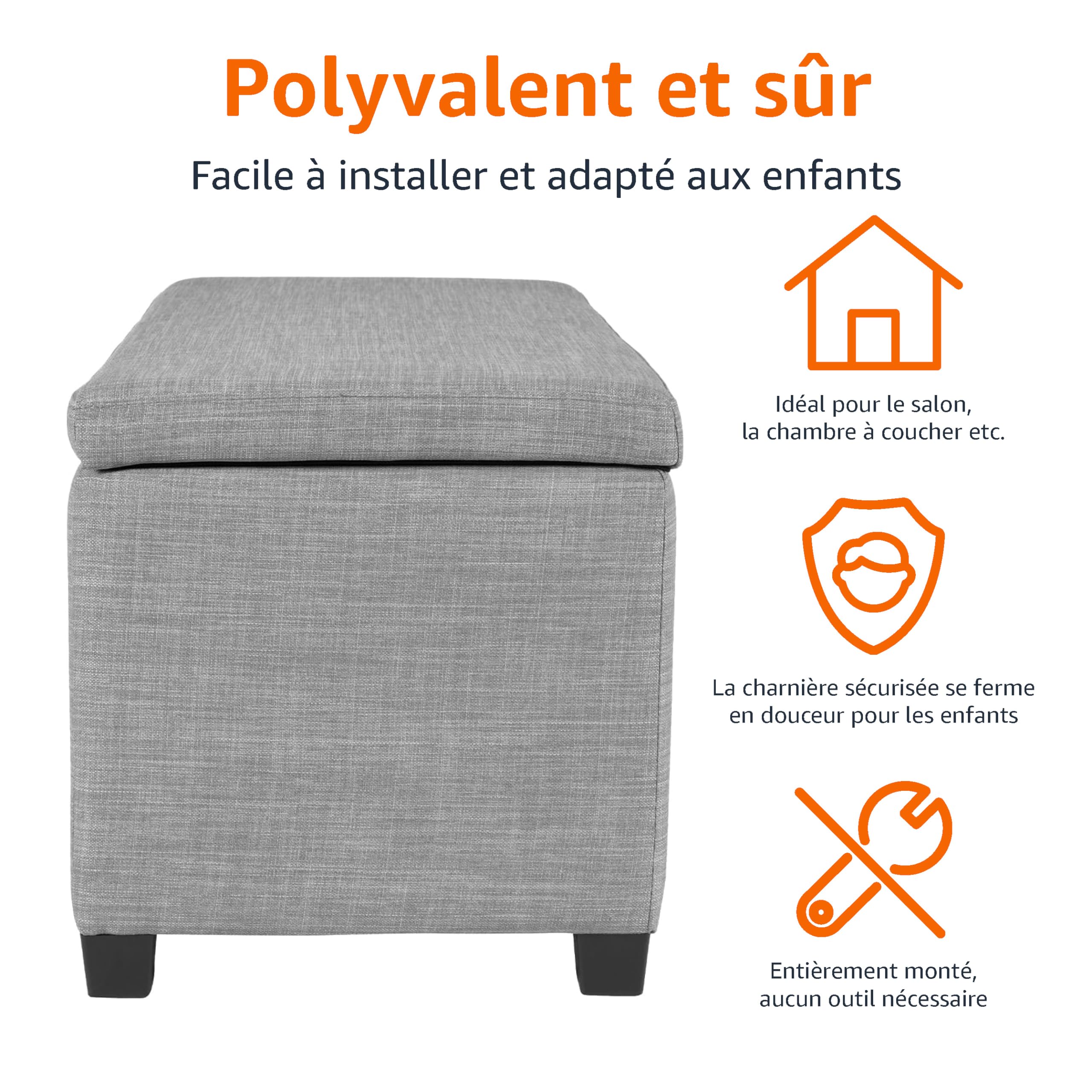 Amazon Basics Banc d'entrée, rembourré, rectangulaire, avec rangement, chambre à coucher, couloir, ottoman, aspect lin, gris clair, 42 x 91 x 43 cm