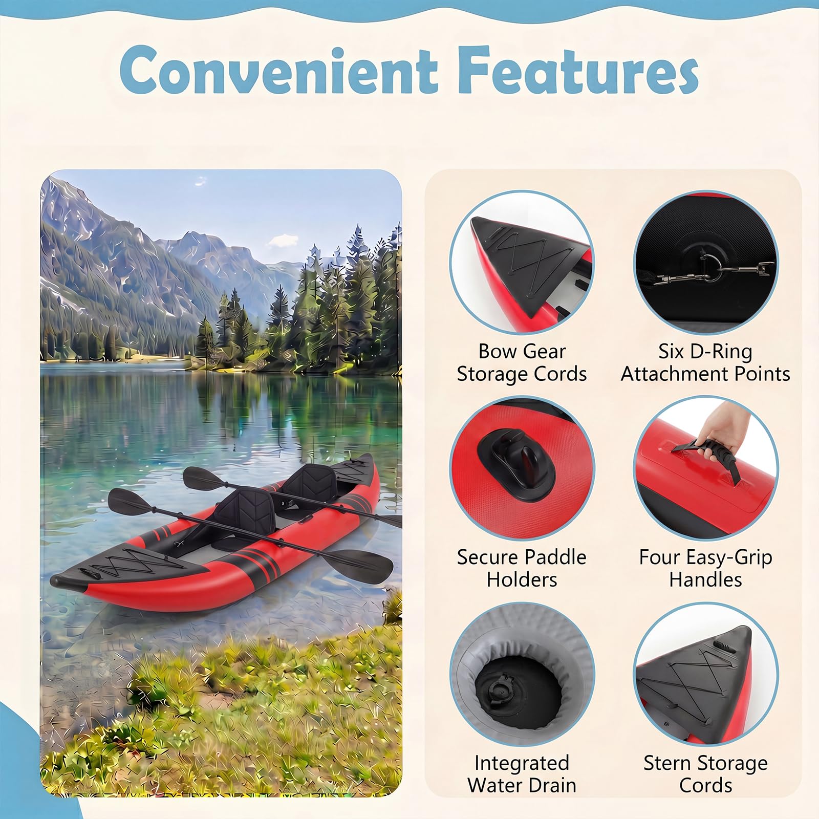 GYMAX Kayak Inflable, Kayak tándem de 12.5 pies y 230 kg con 2 paletas de Aluminio, 2 Asientos Acolchados, reposapiés, 2 Aletas, Bomba de Mano, Bolsa de Transporte y Kit de reparación, Kayak de Pesca
