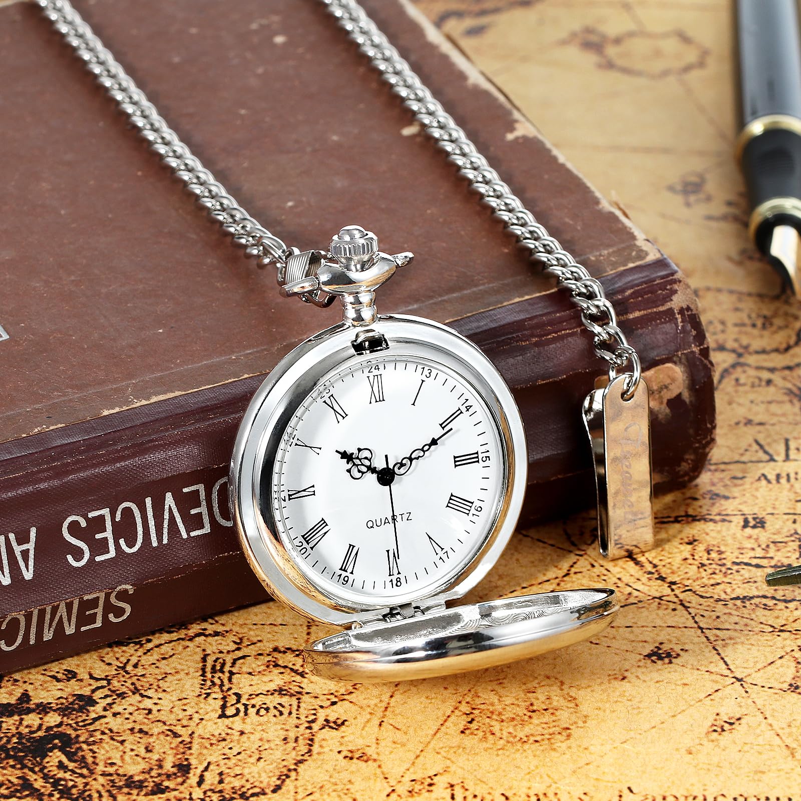 TREEWETO Reloj de bolsillo grabado personalizado con cadena de grabado para hombre, regalo para mejor hombre, relojes de bolsillo de cuarzo, regalos para novios para boda