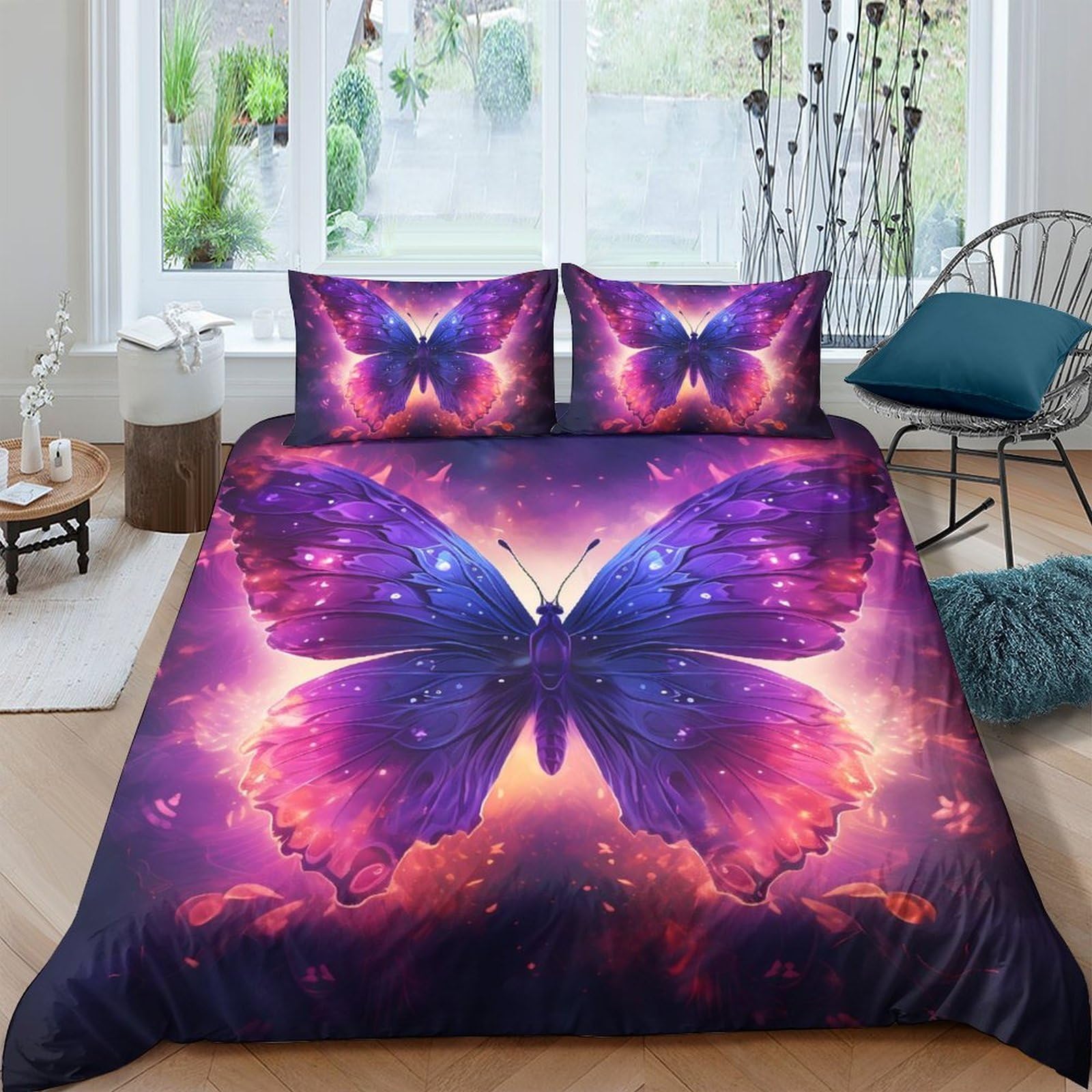 GPLZQXKJNH 3D Printed Purple Butterfly Duvet Cover Microfiber Soft Breathable Nebula Quilt Cover Set with 2 Pillowcases for Bedroom Decor Single（135x200cm）