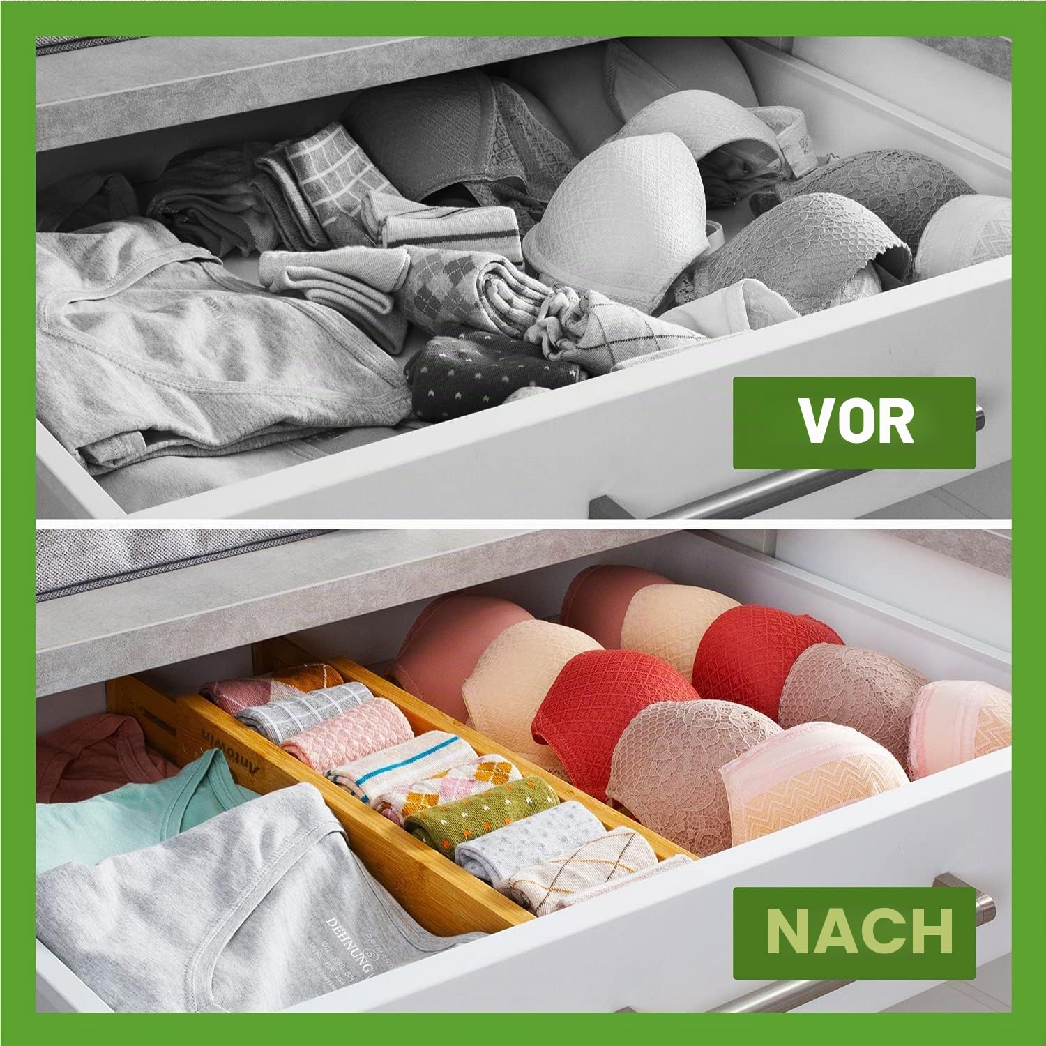 ANTOWIN Schubladentrenner Verstellbar Bambus (33-43 cm), Schubladen Organizer, Gefedert, Küche, Kommode, Badezimmer, Schlafzimmer, Babyschublade, Schreibtisch Ordnungssystem