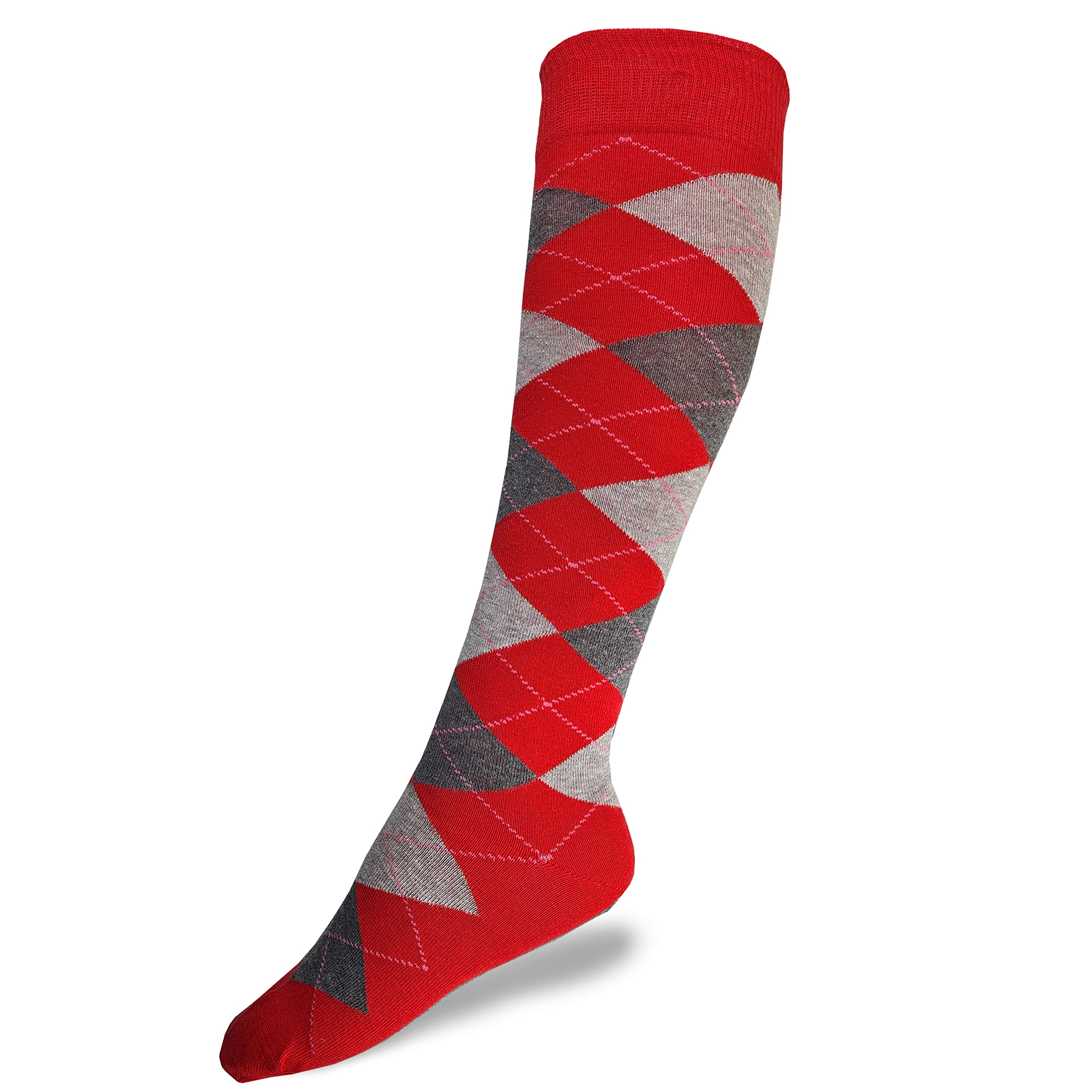 Hazy Blue Mix and Match Women's/Ladies Knee High Socks Argyle & Horse Designs - Cotton Long Equestrian Riding Socks, UK 3-8 Size (3-8, Red/Charcoal Argile)