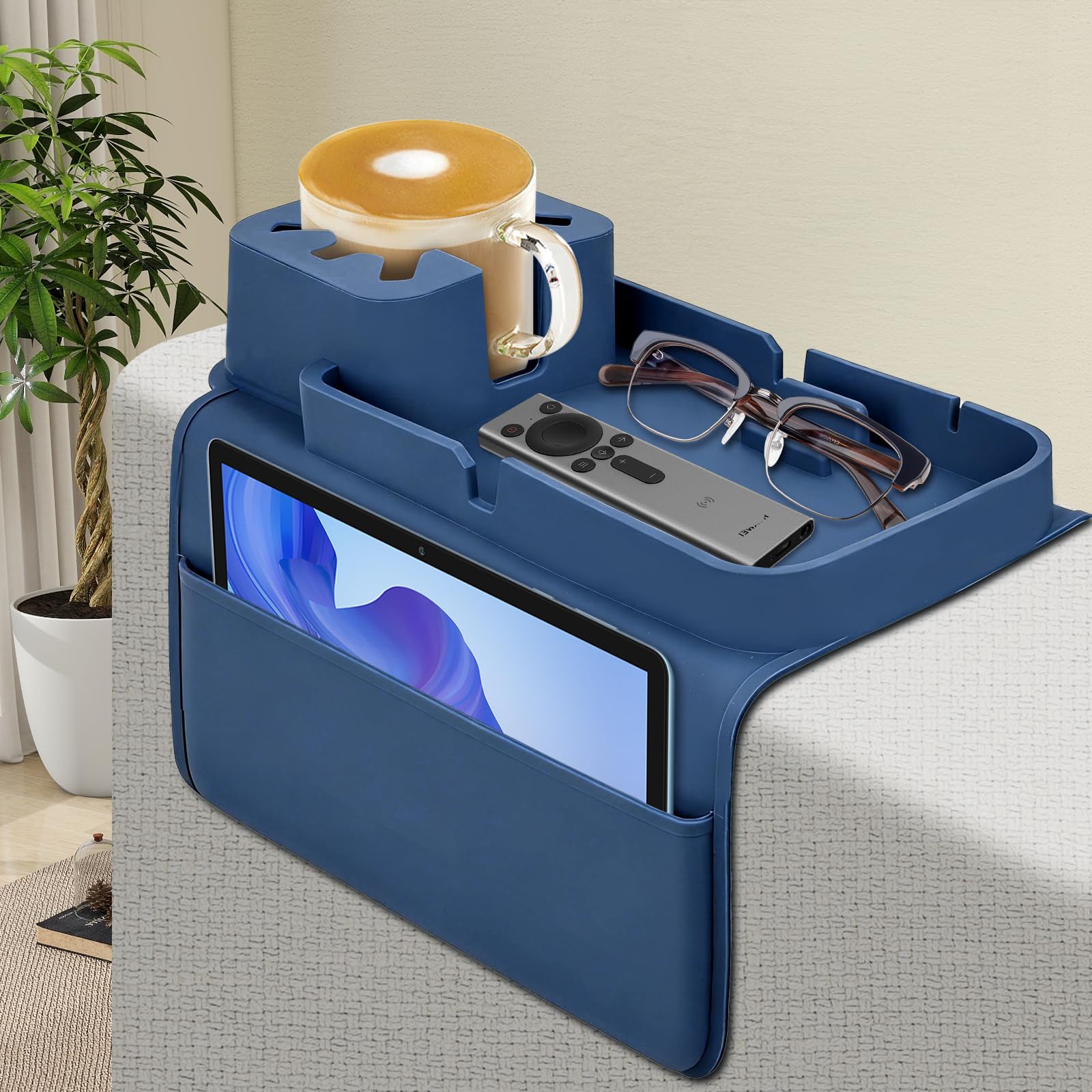 Plateau Accoudoir Canapé Silicone, Accoudoir Canapé Antidérapant | Range Telecommande Canape avec Porte Gobelet, Organisateur pour Boissons et Snacks (Blue)