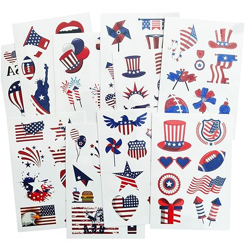 Calcomanías patrióticas de tatuajes temporales, tatuajes de bandera falsa para mujeres y niños, 8 hojas