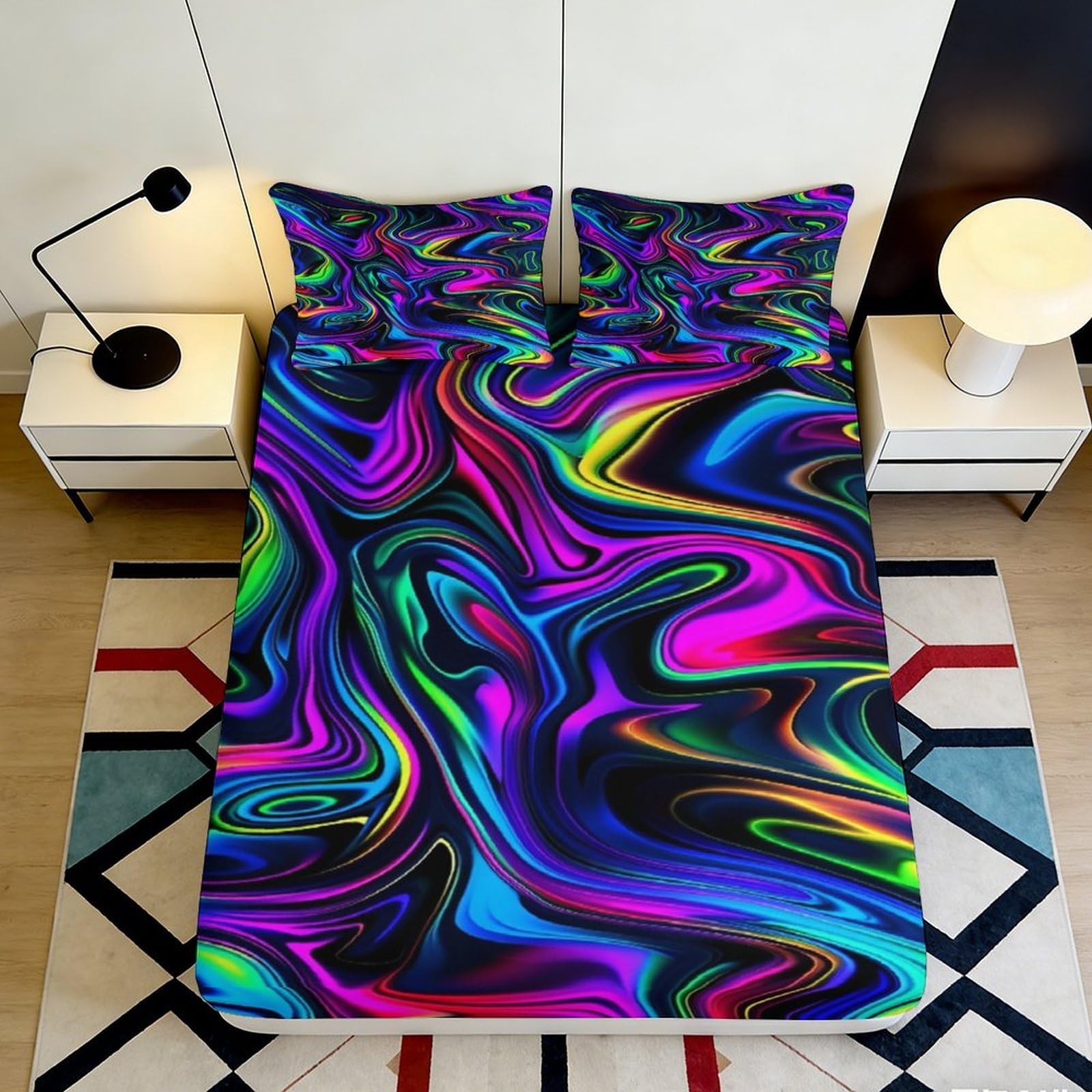 Jqzkxnhpbr Style-9 3D Printed Neon Swirl Fitted Sheet Microfiber Soft Vibrant Abstract Mattress Cover Bedroom Decor Easy Care 90X200x25cm