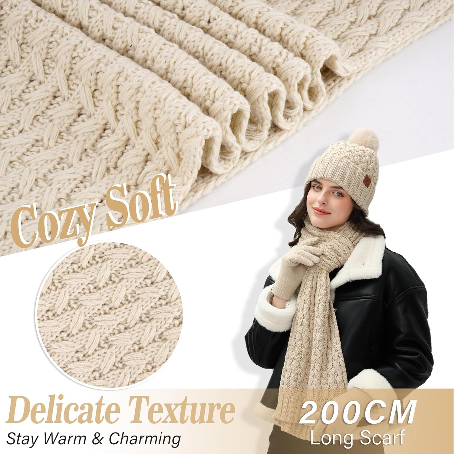 Womens Winter Beanie Hat Touchscreen Gloves Long Neck Scarf Set Warm Knit Caps with Pom Fleece Gifts for Women - Image 4