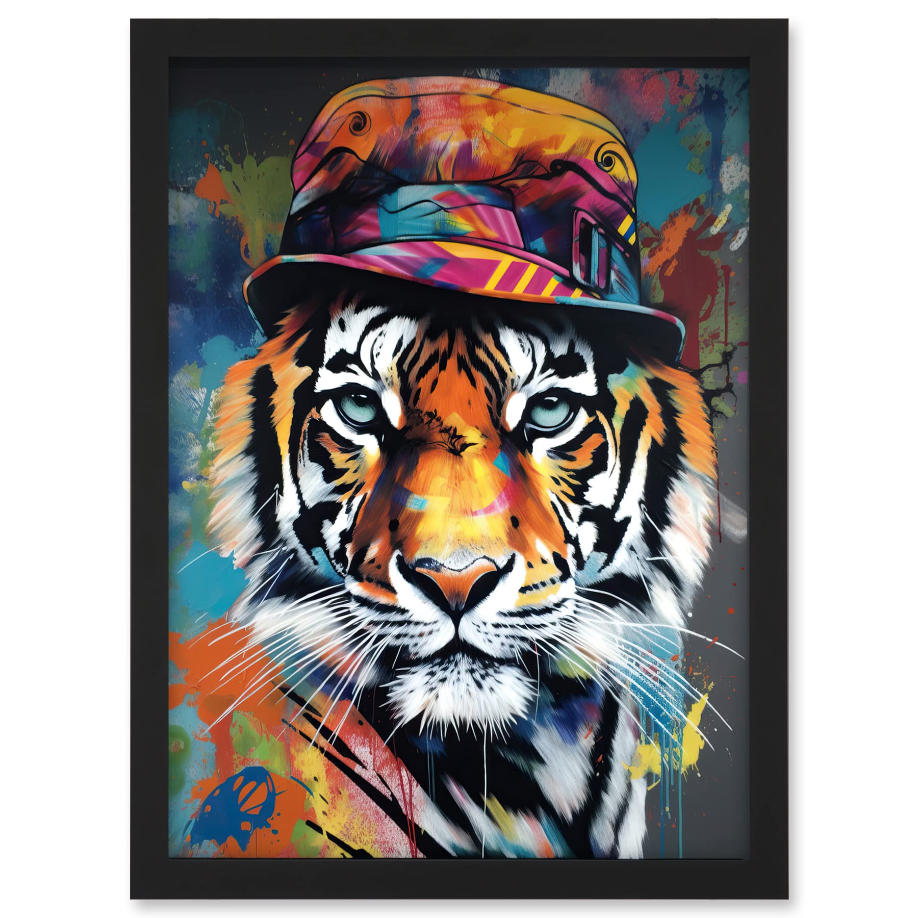 Artery8 Tiger Wearing a Bucket Hat Vibrant Multicoloured Artwork Framed A3 Wall Art Print