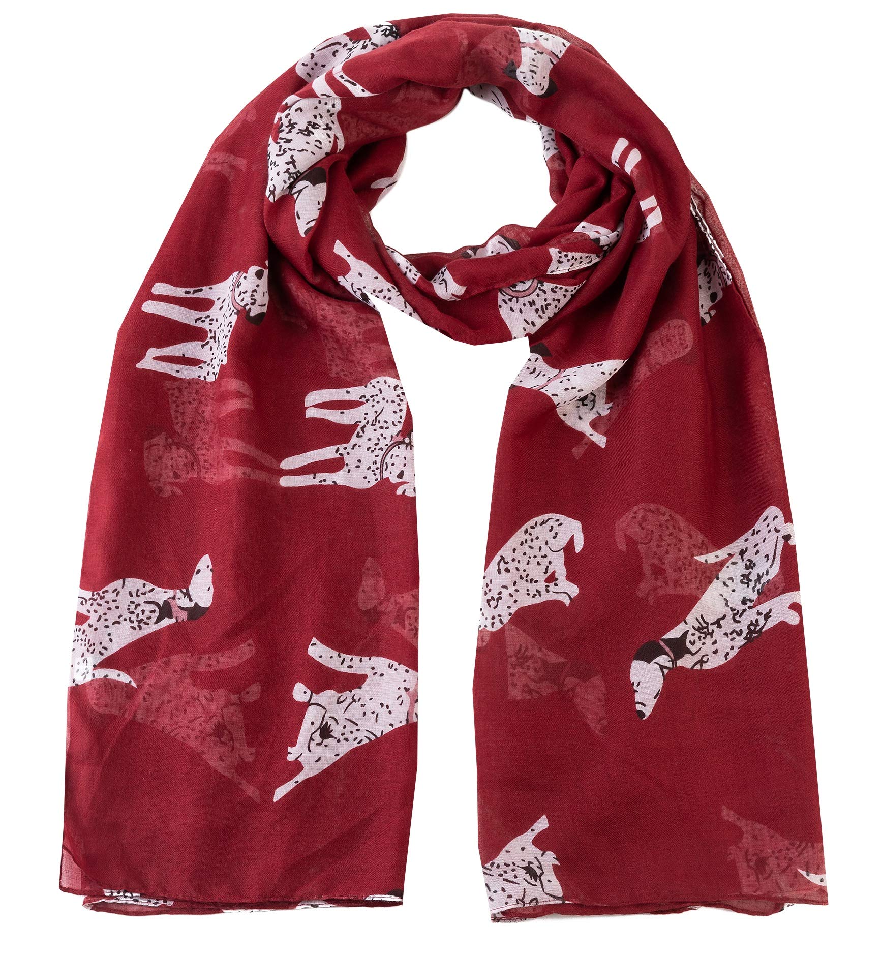 World Of Shawls Women's Dalmatian Dog Maroon Pug Dog, Dachshund Dogs, Spaniel Dog, Jack Russell Print Scarf - All Seasons Lovely Soft Scarf Wraps Shawl Scarves (Dalmatian Dog Maroon)