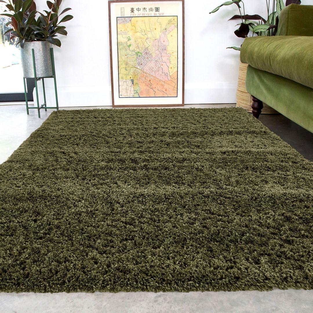 Super Soft Shaggy Olive Green Living Room Area Rugs Luxury High Pile Fluffy Modern Durable Thick Bedroom Rug Plush Carpet Shag Nursery Mat Comfort Hallway Rugs Large 240cm x 330cm