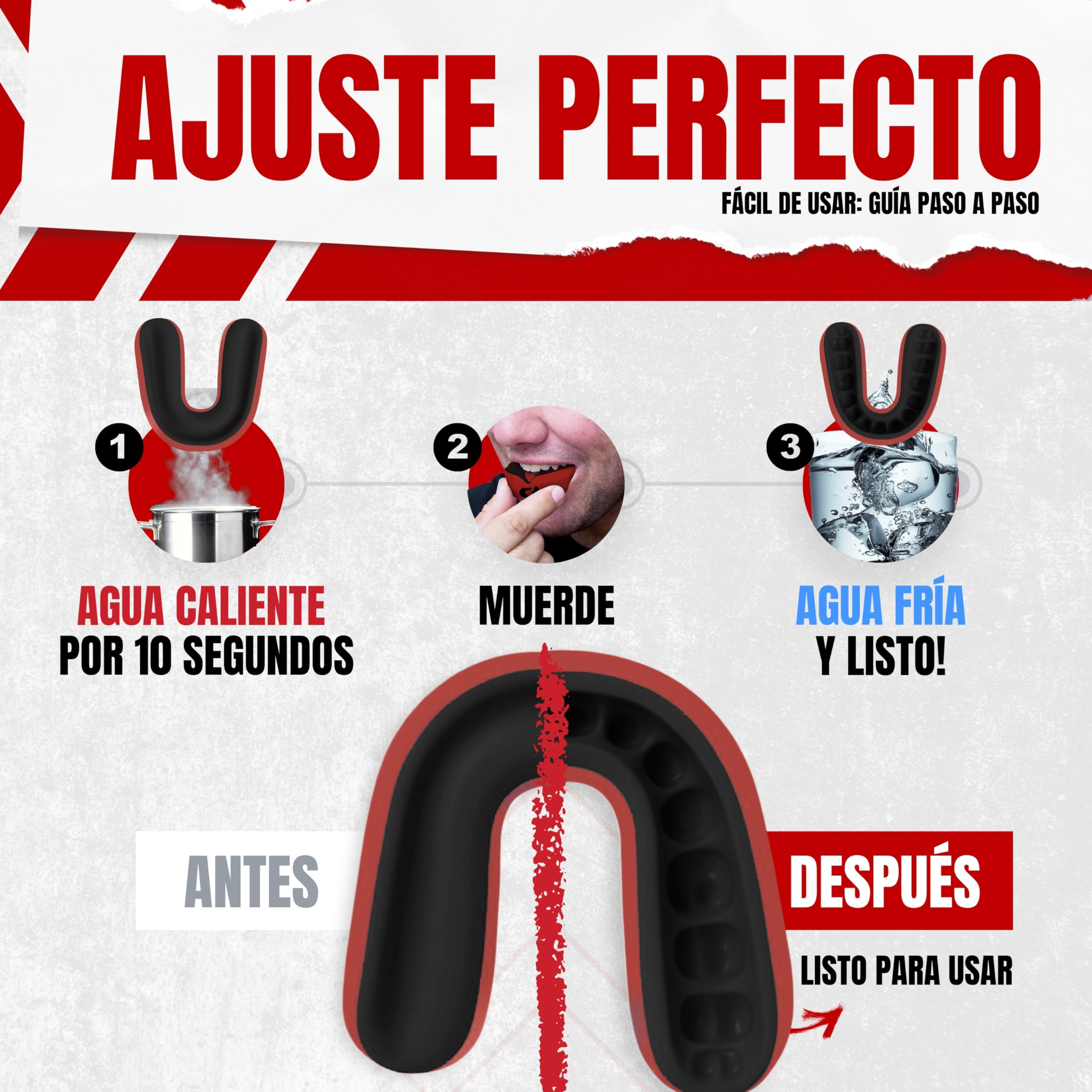Protector Bucal Rugby Dual Gel Termo Moldeable Talla Adultos Niños Protección Dental Avanzada Rojo Negro Senior